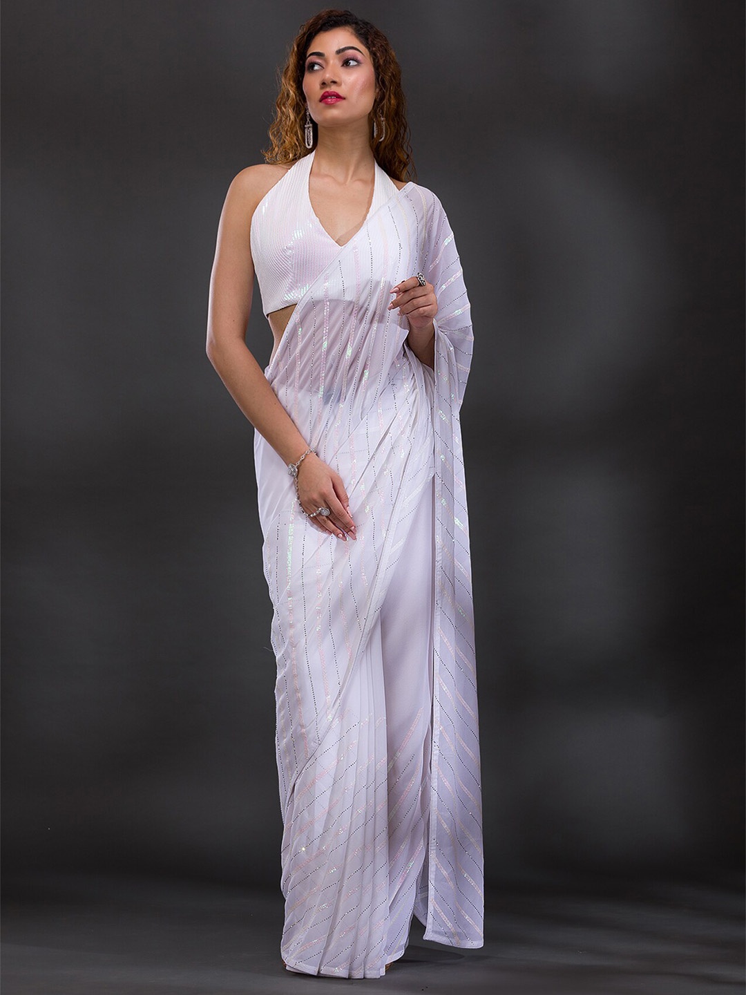 

Koskii Embellished Sequinned Poly Georgette Saree, White