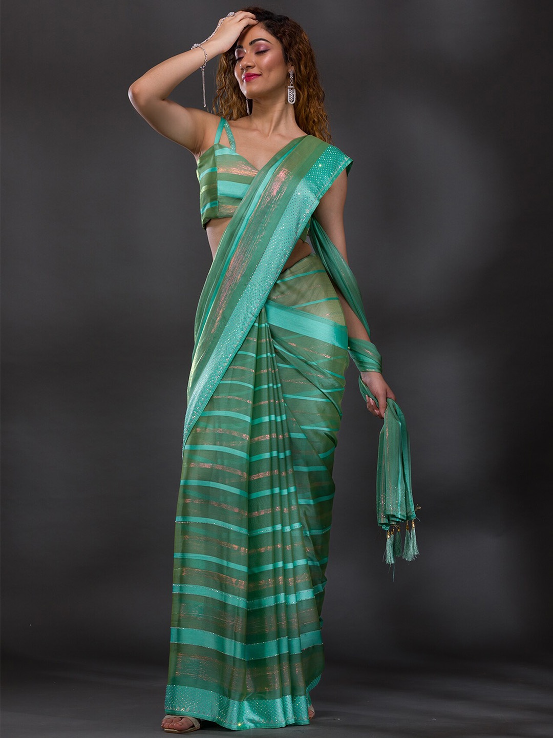 

Koskii Striped Beads & Stones Shimmer Saree, Green