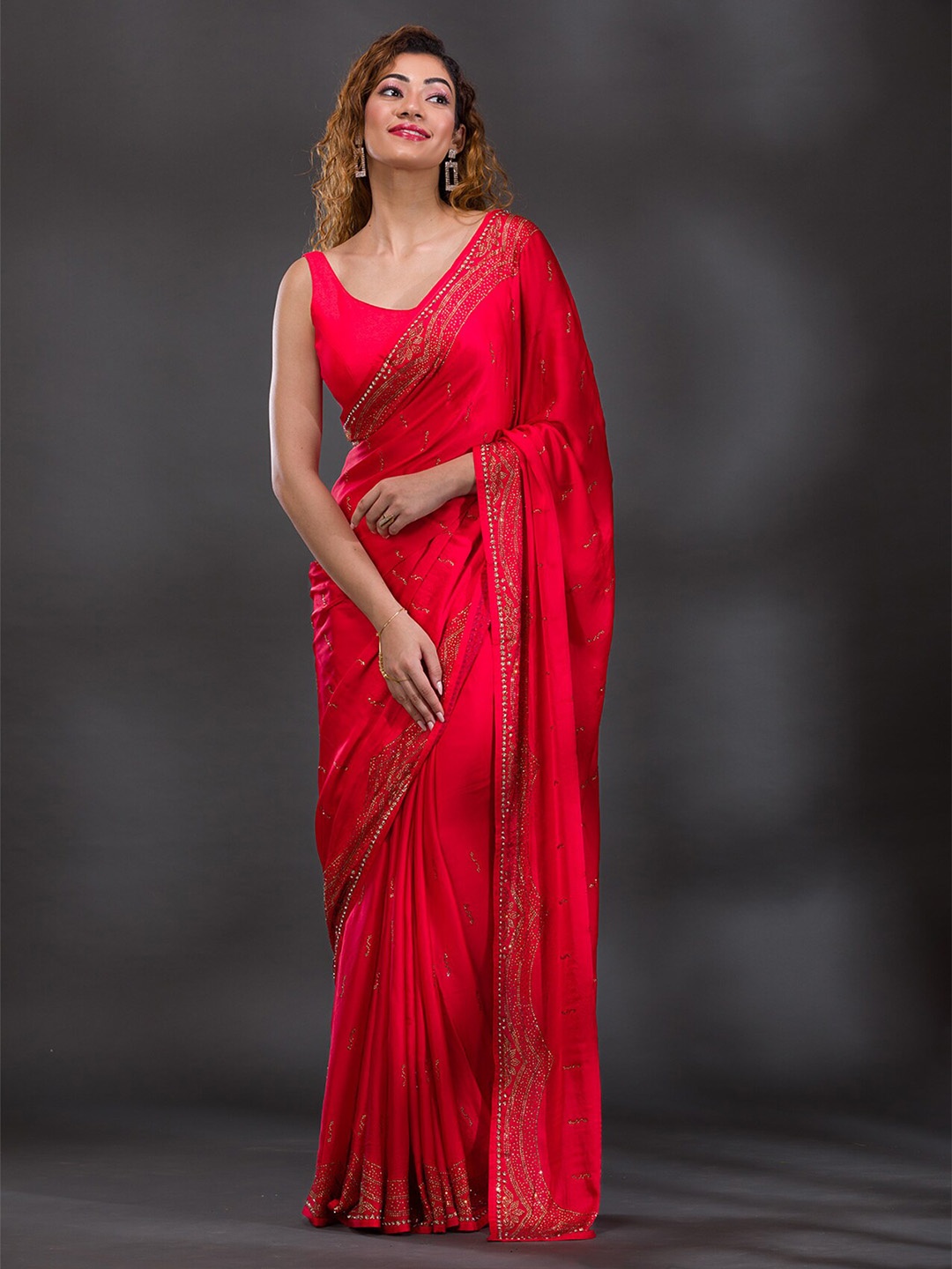 

Koskii Embellished Beads & Stones Satin Saree, Red