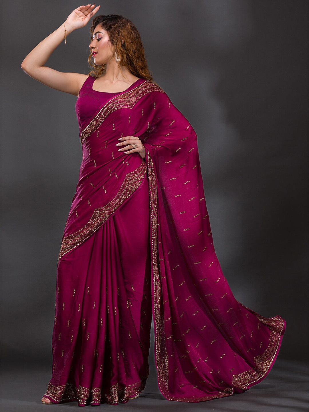 

Koskii Embellished Beads & Stones Satin Saree, Maroon