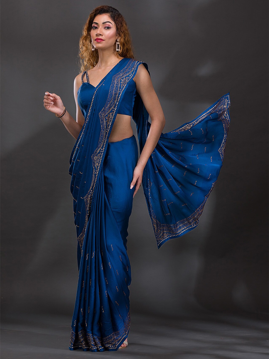 

Koskii Embellished Beads & Stones Satin Saree, Navy blue