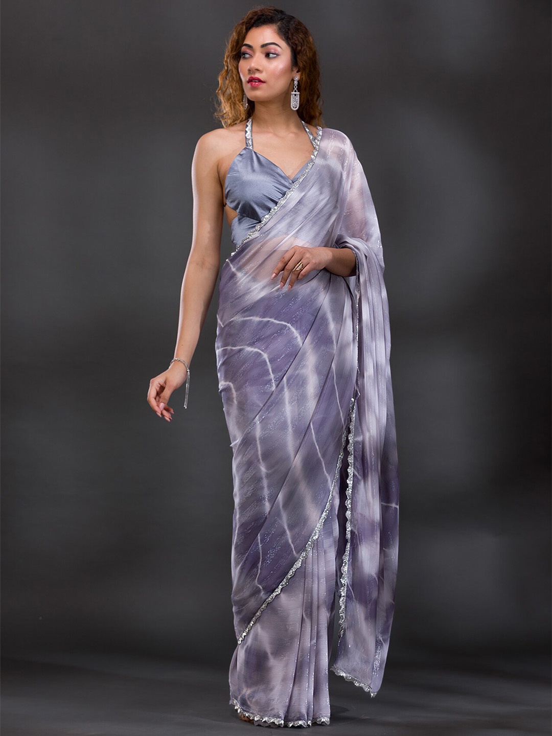 Koskii Tie & Dye Dyed Gotta Patti Shimmer Saree, Grey