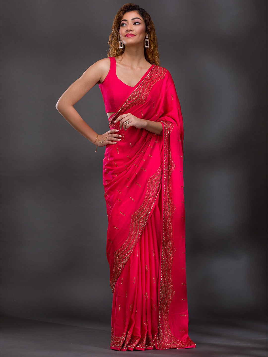 

Koskii Embellished Beads And Stones Satin Saree, Pink