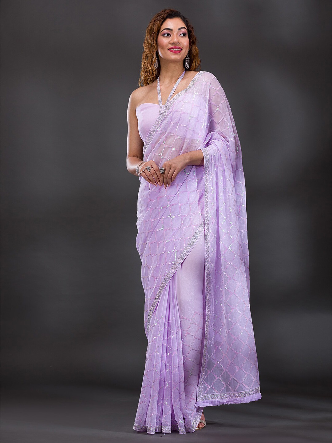 

Koskii Embellished Sequinned Shimmer Saree, Lavender