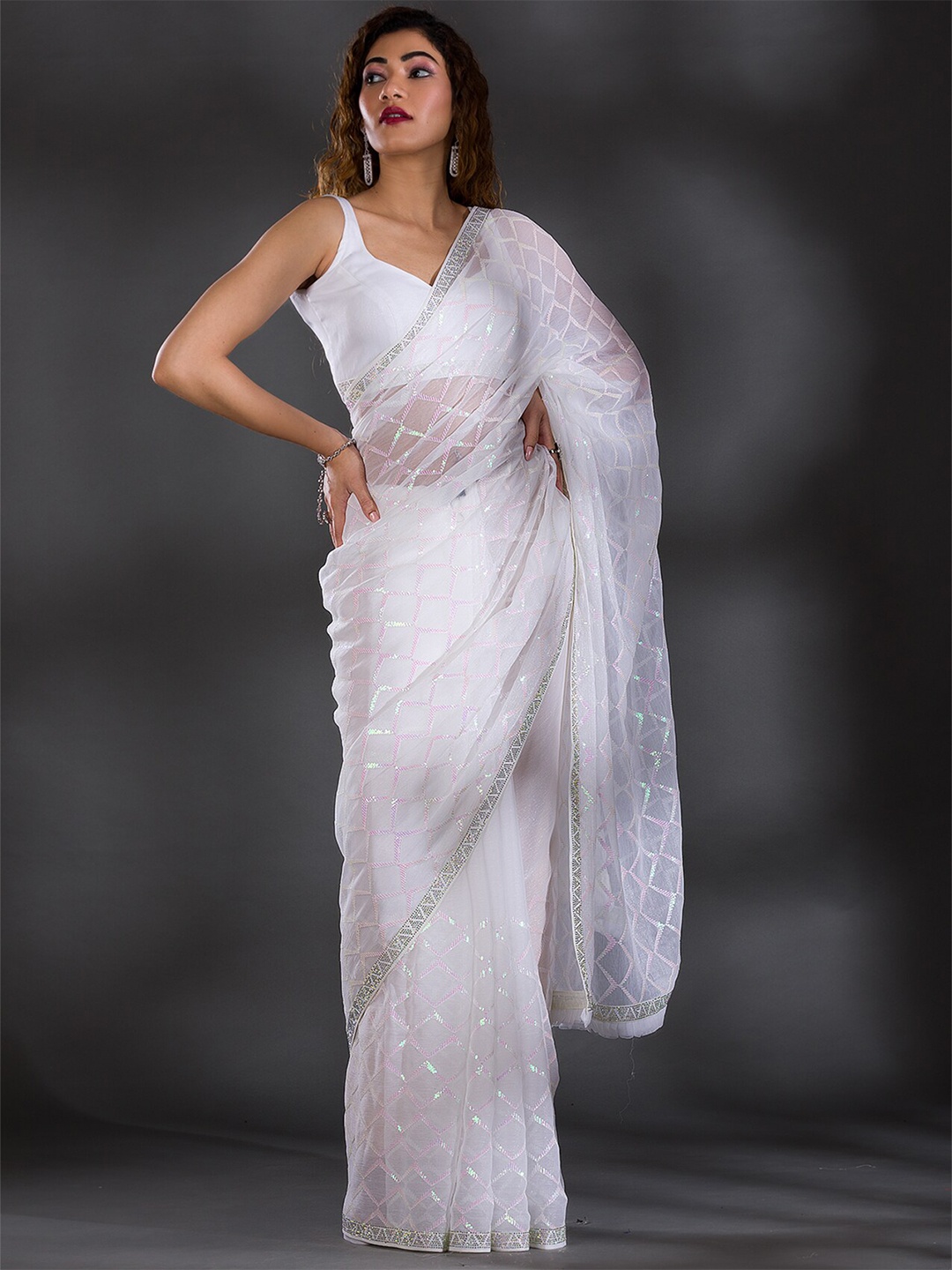 

Koskii Embellished Sequinned Poly Georgette Saree, White