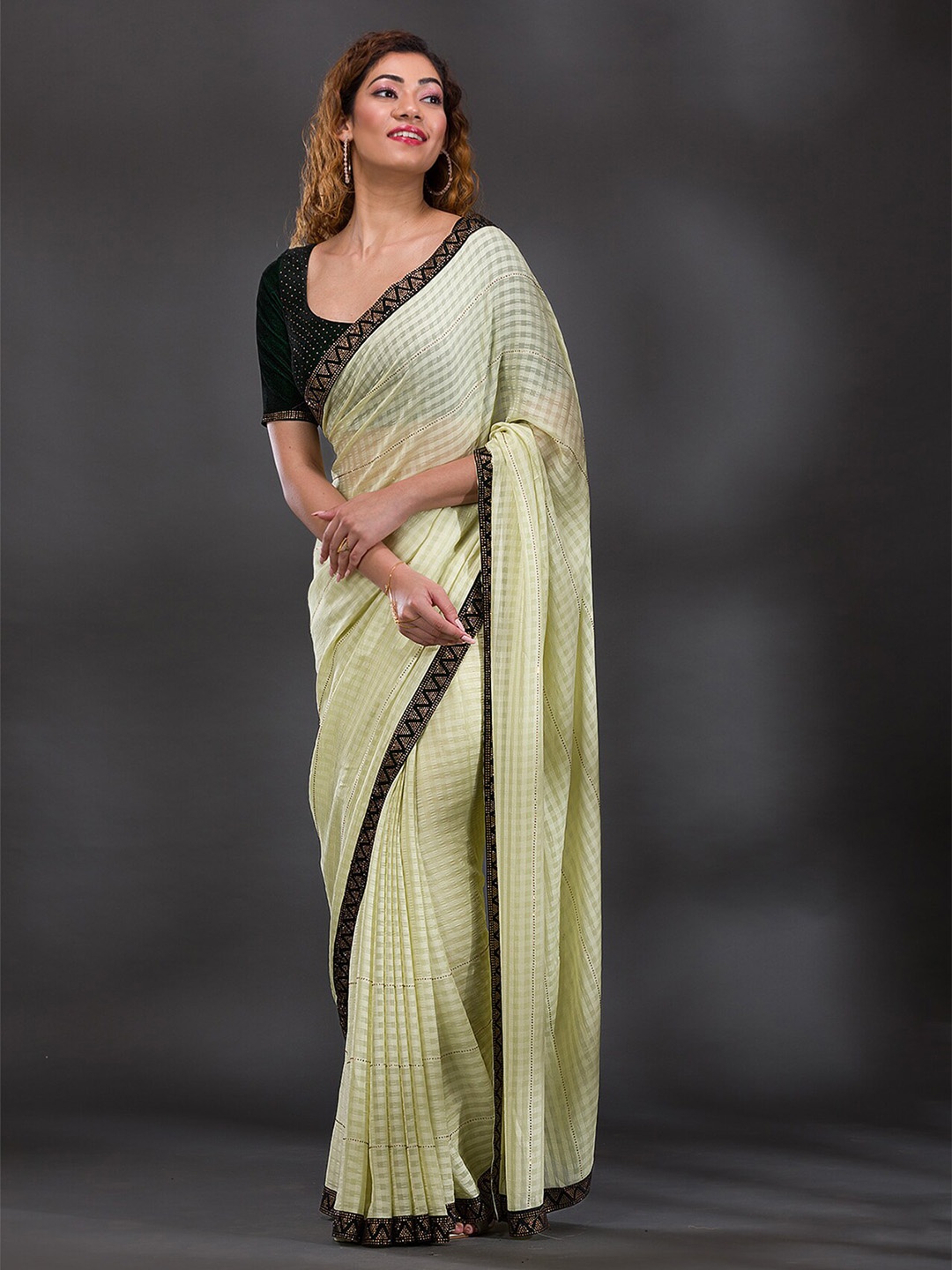 

Koskii Checked Beads & Stones Border Saree, Green