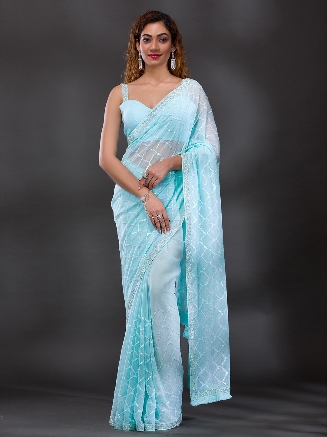

Koskii Embellished Sequined Georgette Saree, Blue
