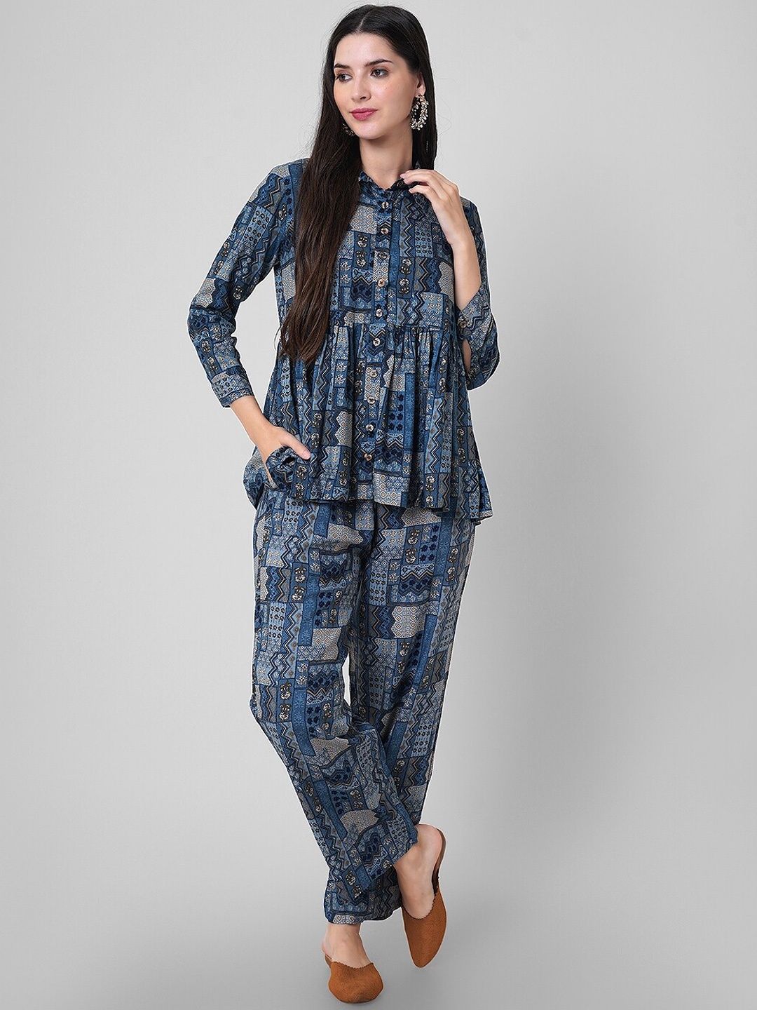 

Haute and Humble Printed Shirt Collar Tunic With Printed Trousers, Blue
