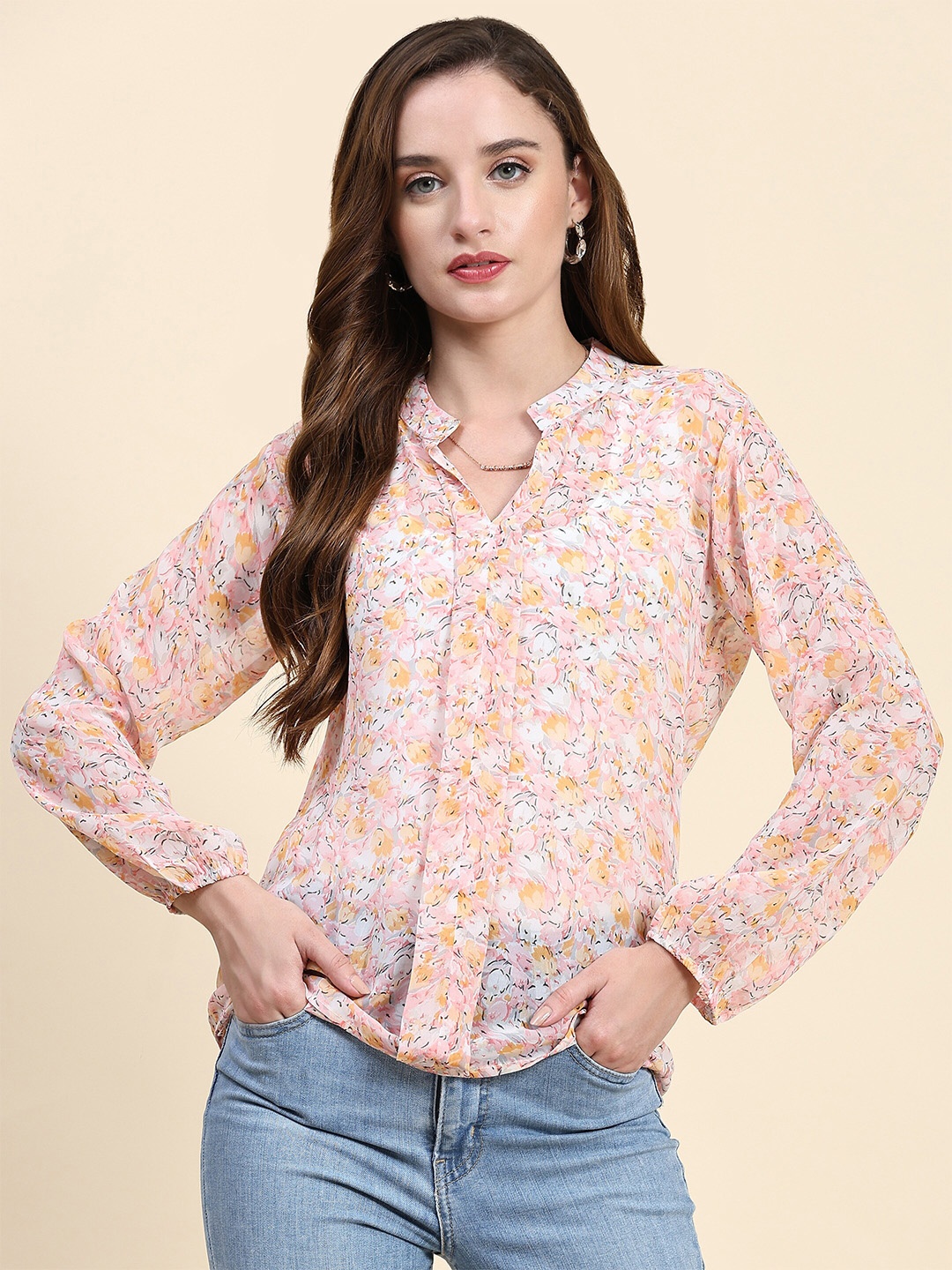 

BAESD Floral Printed Mandarin Collar Puffed Sleeves Georgette Top, Peach