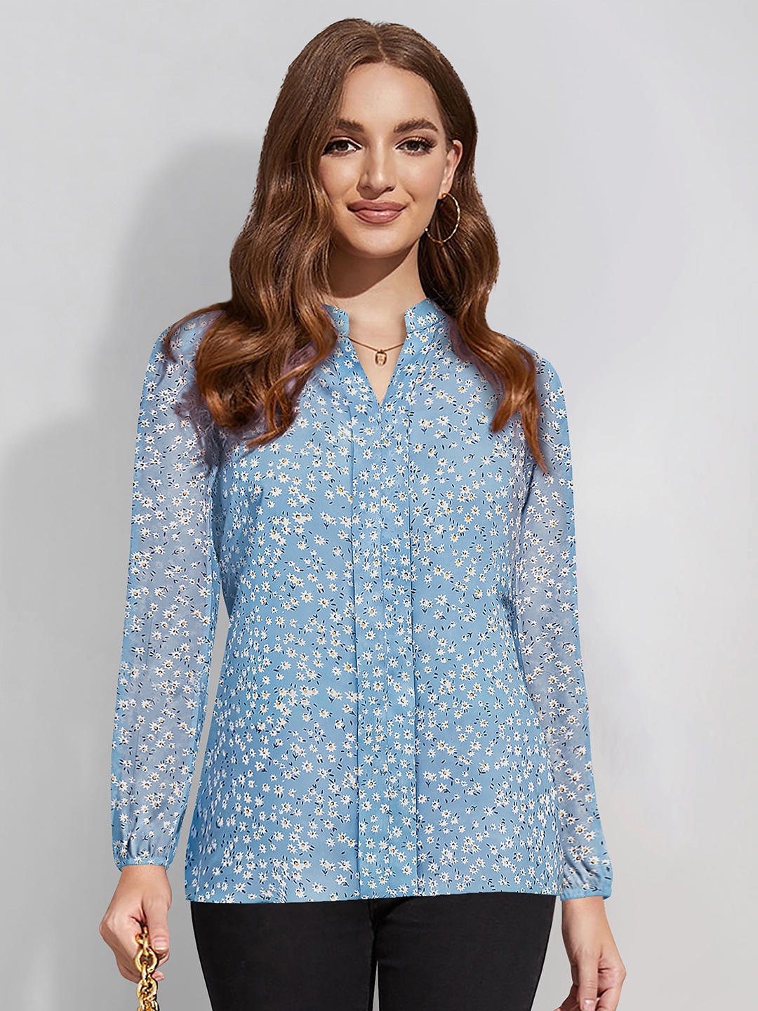 

BAESD Floral Printed Mandarin Collar Georgette Shirt Style Top, Blue