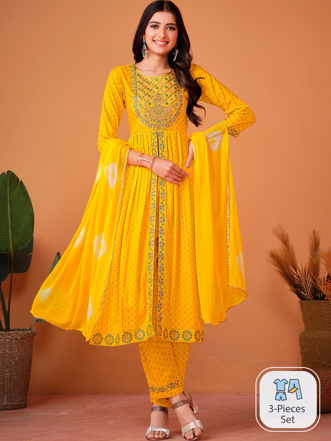 

Sangria Ethnic Motifs Printed Anarkali Kurta With Trouser & Dupatta, Yellow