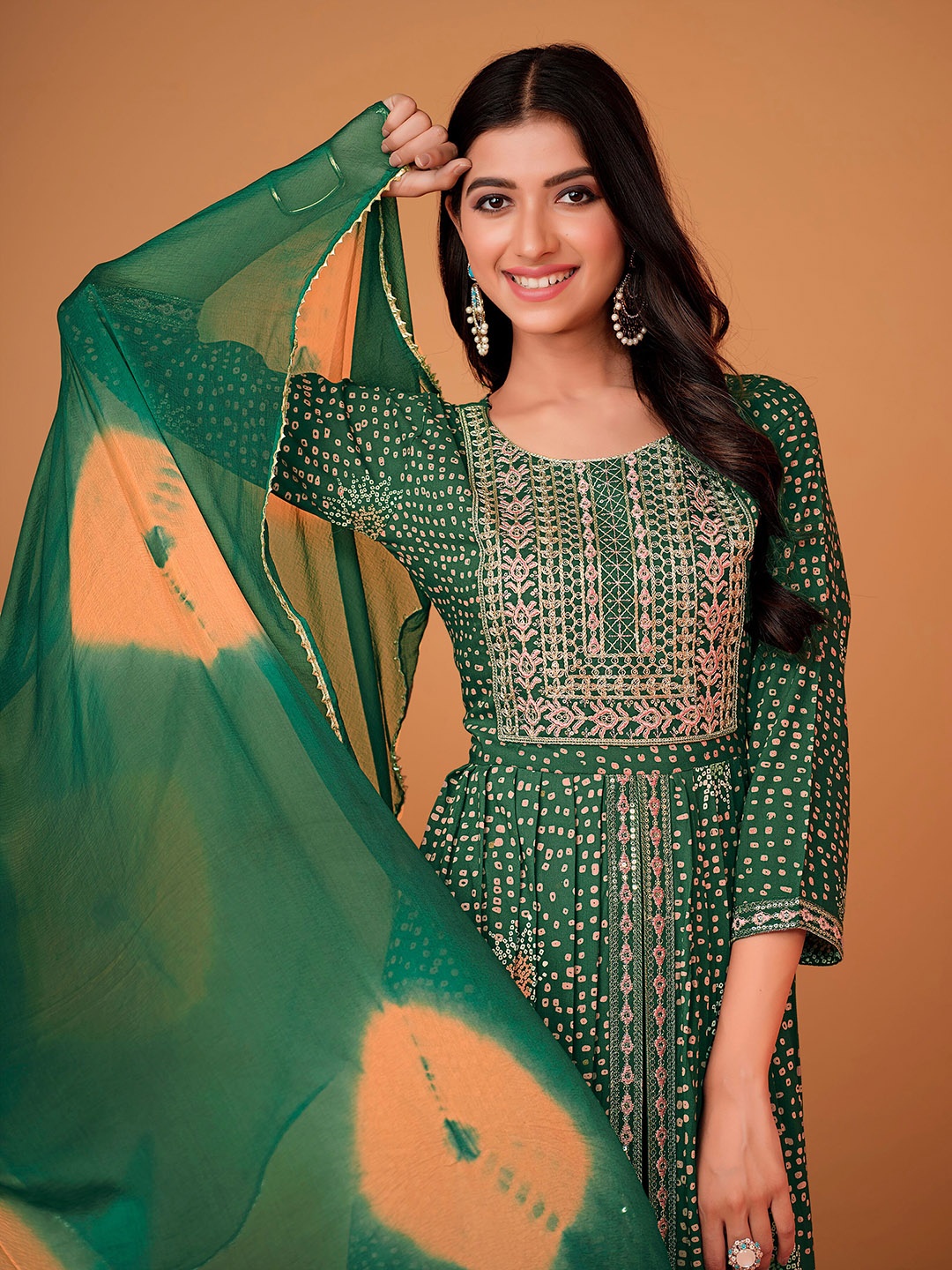 

Sangria Ethnic Motifs Printed Anarkali Kurta With Trouser & Dupatta, Green