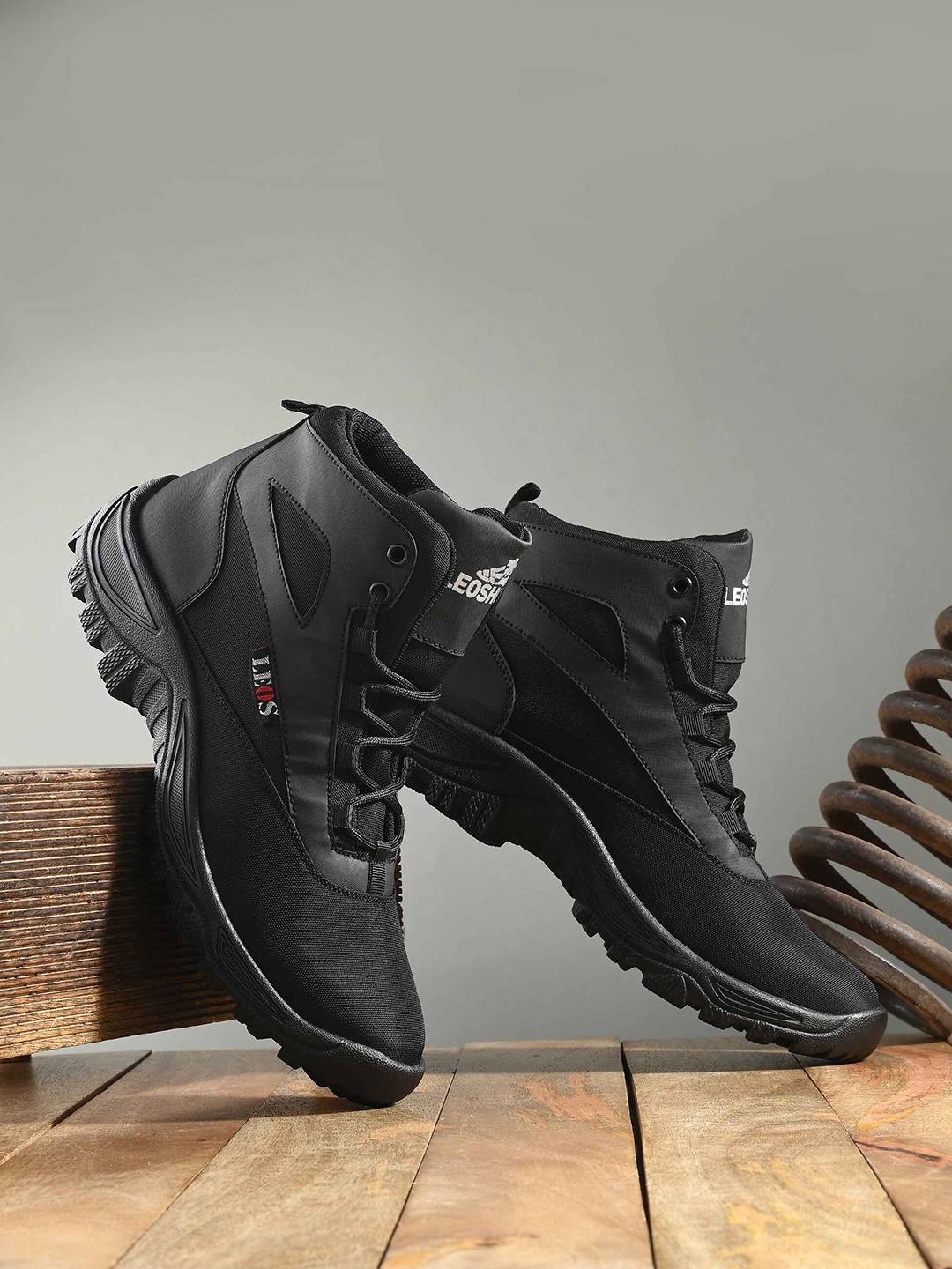 

Leo's Fitness Shoes Men Textured Canvas Biker Boots, Black