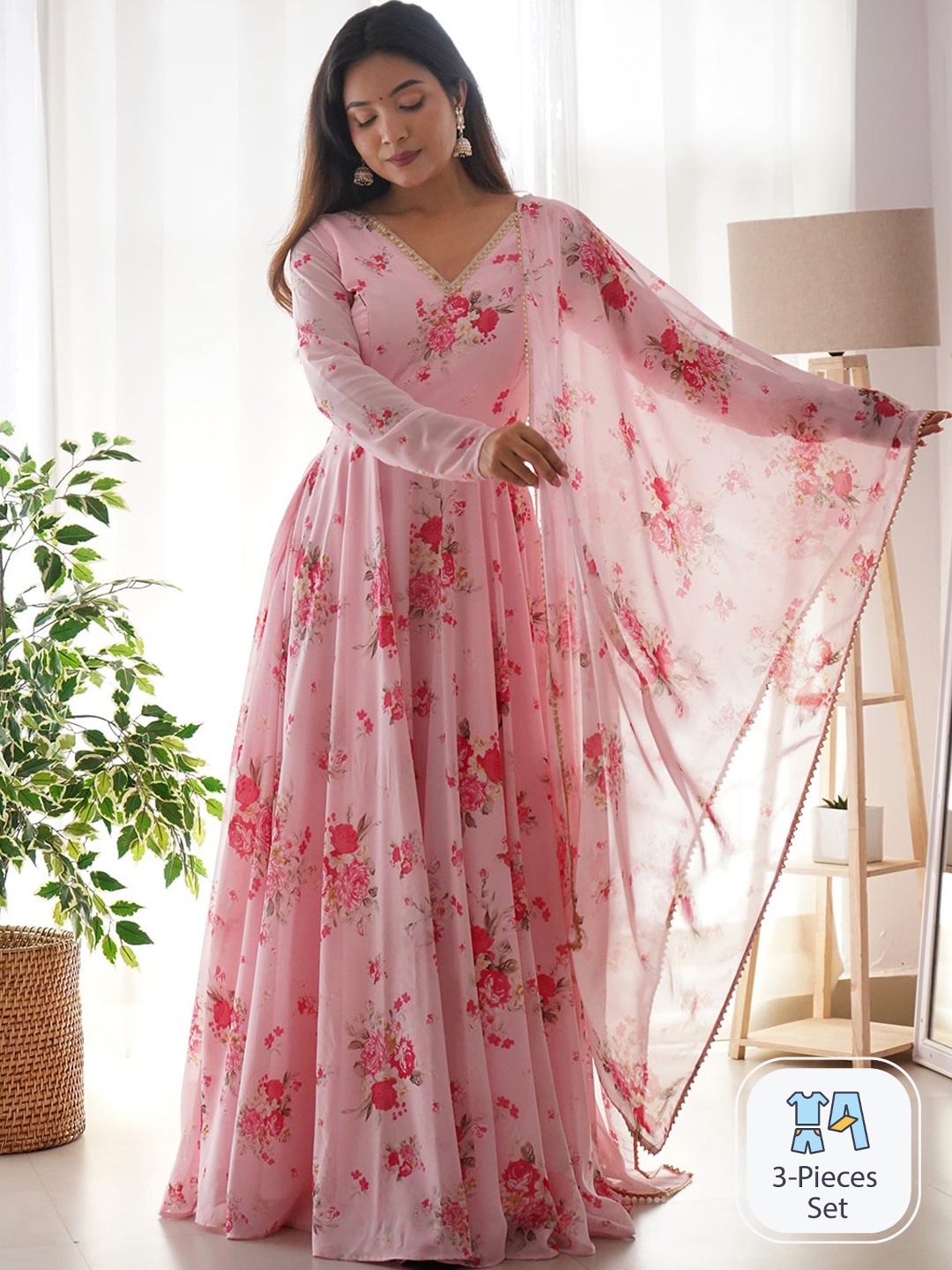 

Fusionic Floral Printed Georgette Gown Ethnic Dress With Dupatta, Pink