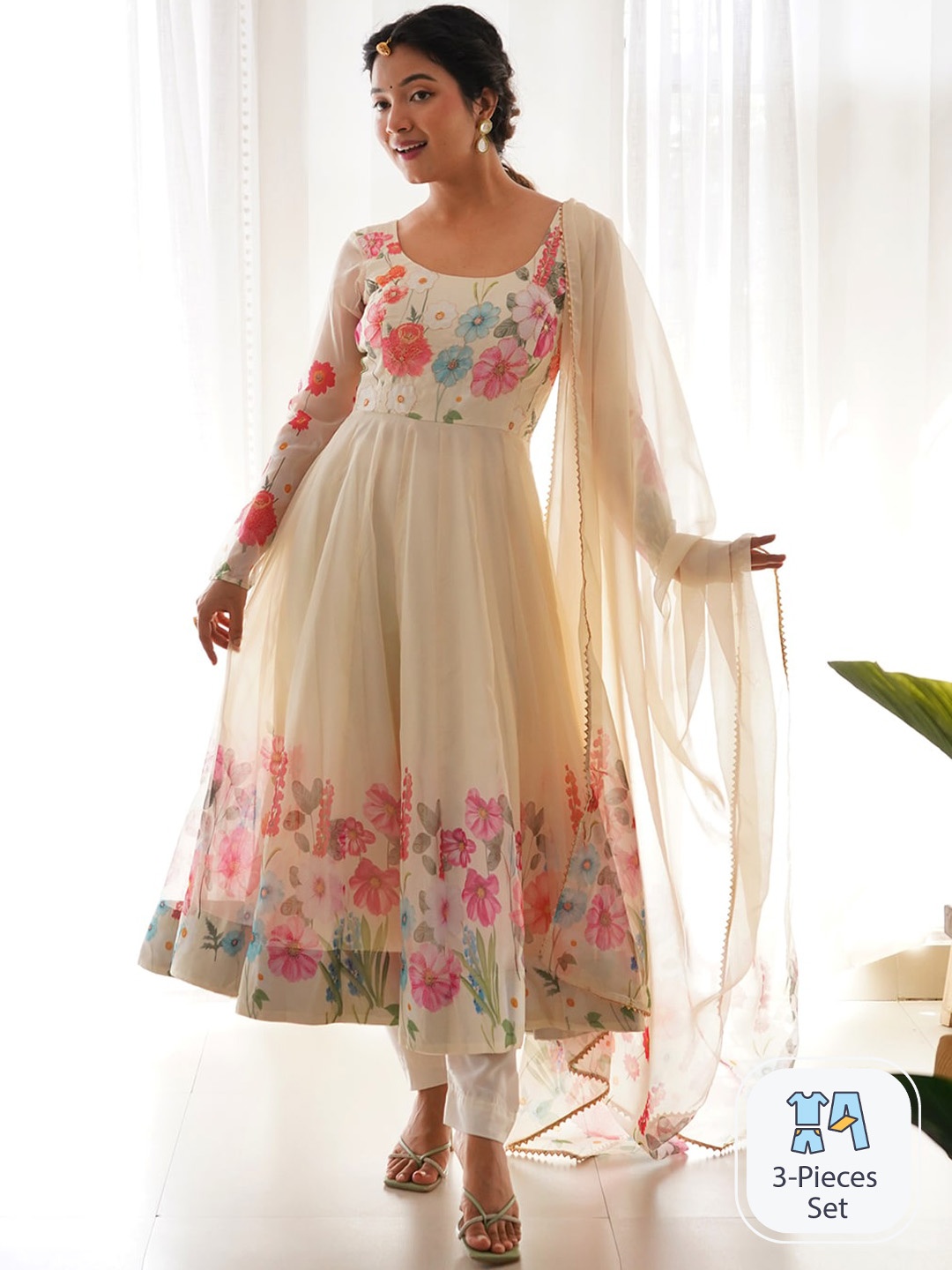 

Fusionic Floral Printed Silk Anarkali Kurta With Trousers & Dupatta, Cream