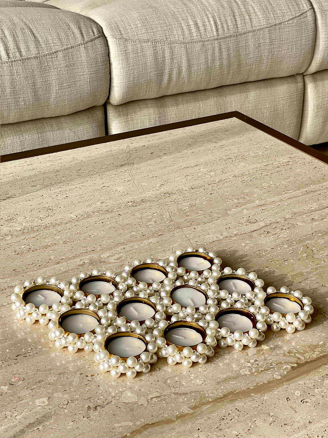 

Mason Home 12 Pcs White Artificial Beads Studded Diya With Candle Wax
