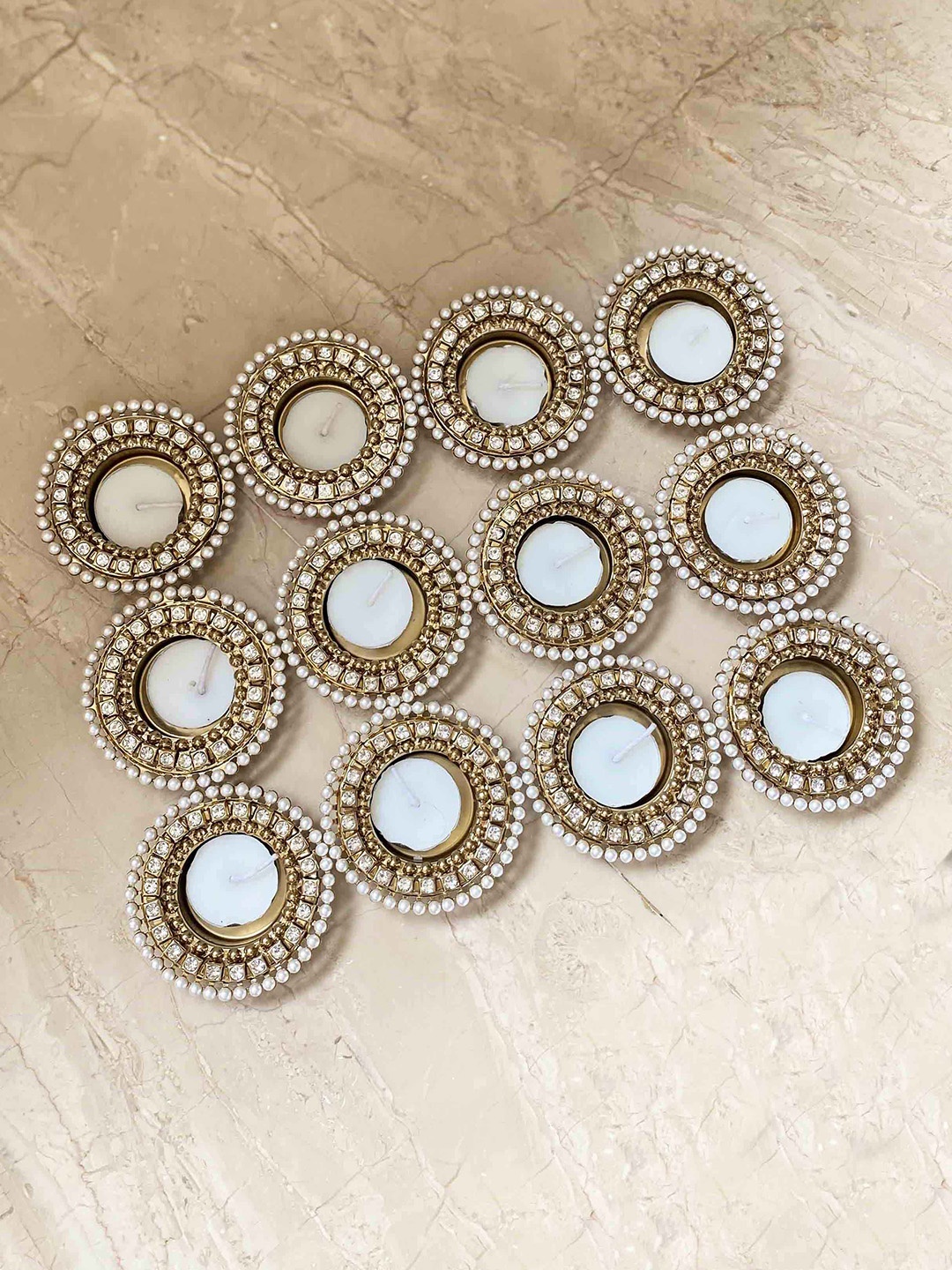 

Mason Home 12 Pcs White Embellished Diya With Candle Wax