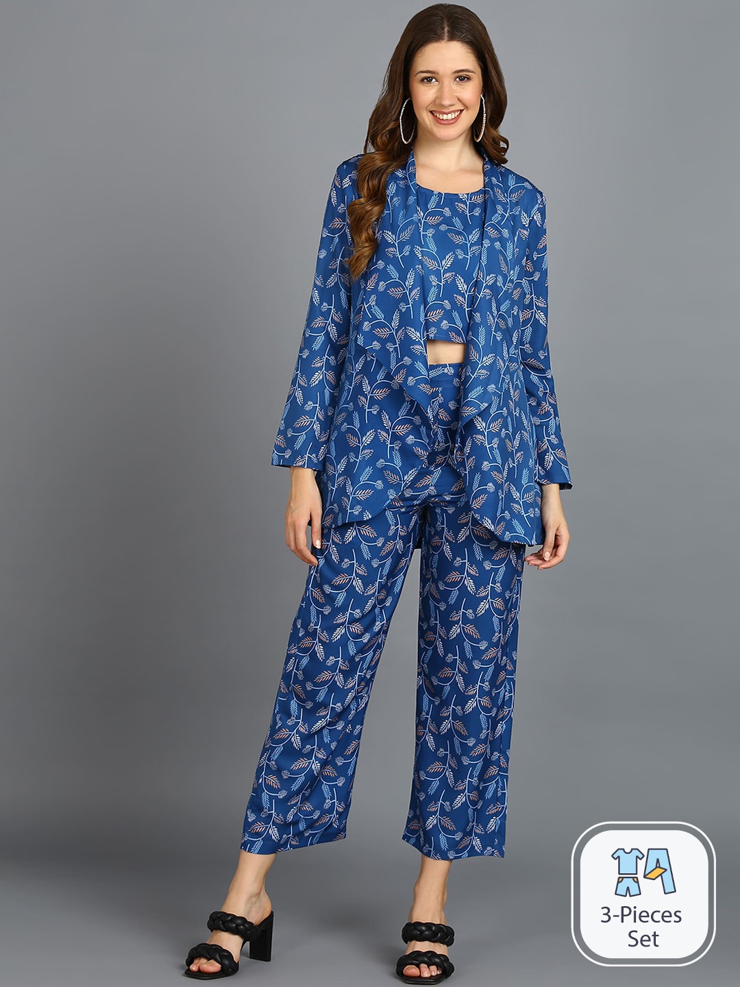 

VAHSON Printed Crop Top & Trousers With Shrug, Blue