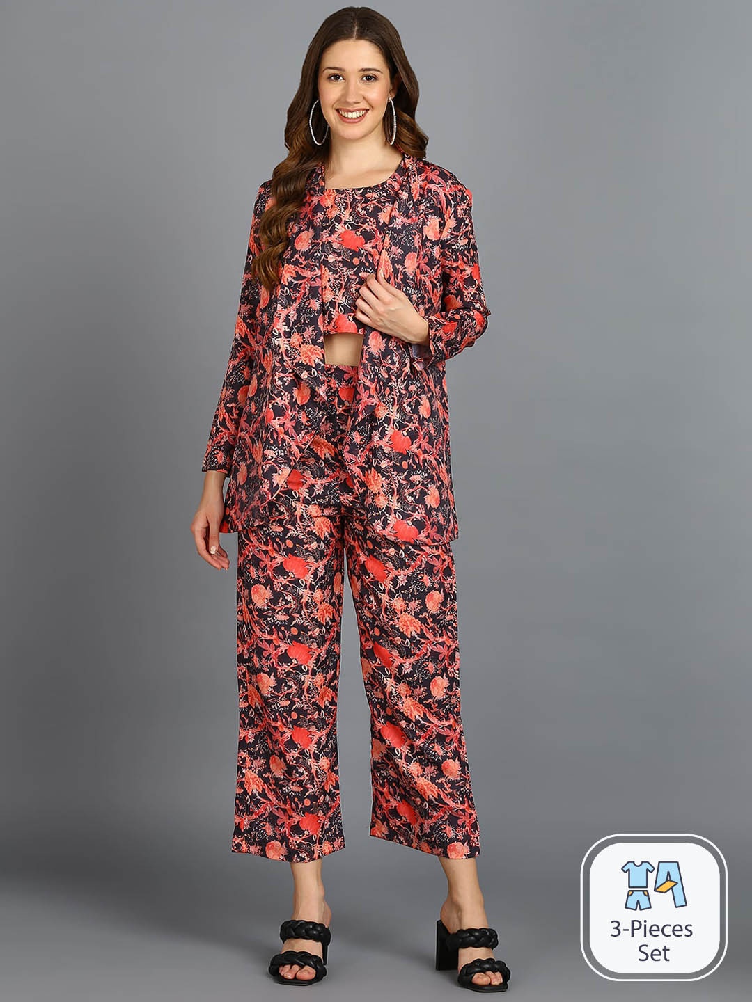 

VAHSON Floral Printed Top & Trousers With Shrug, Black