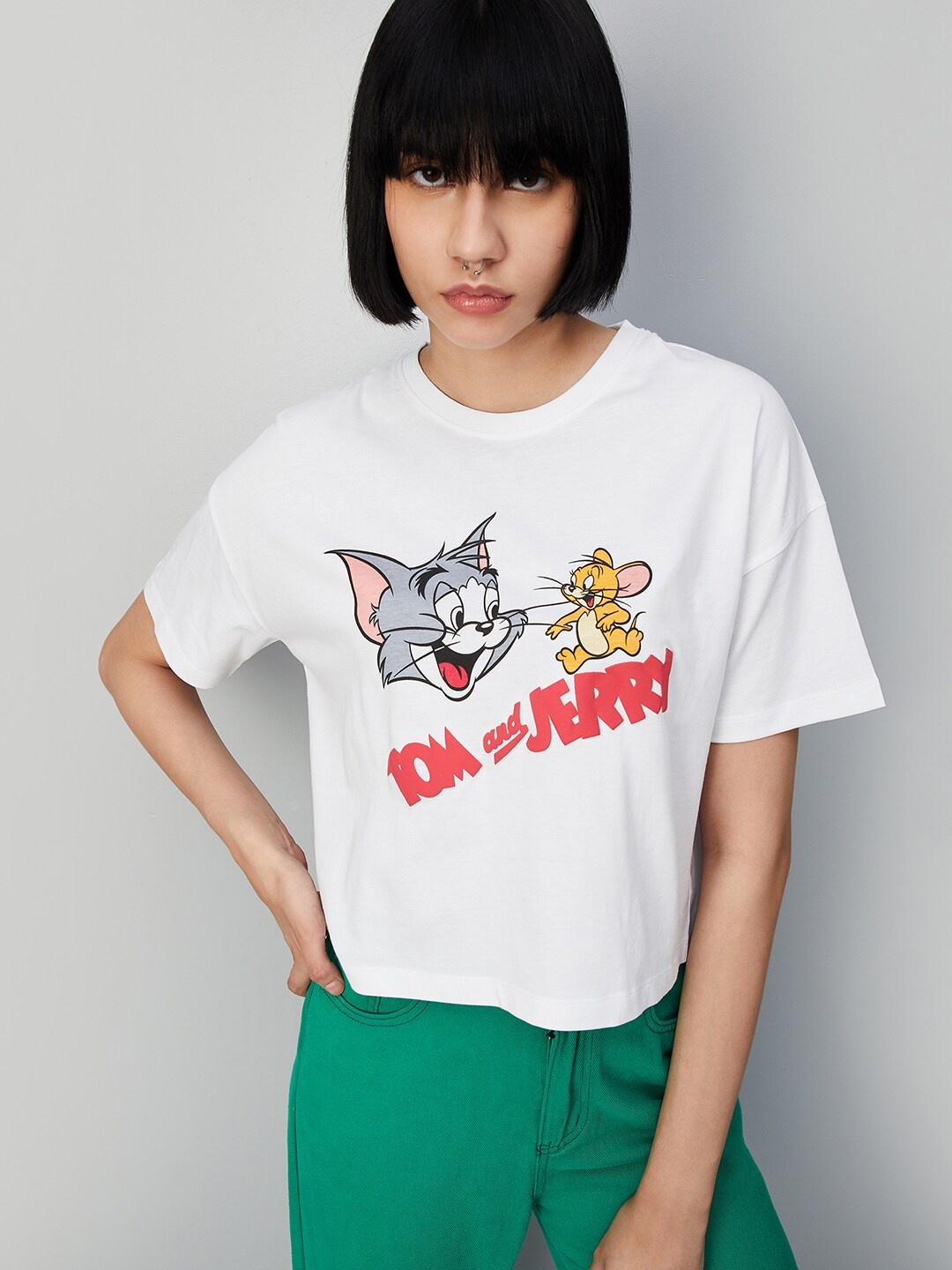 

max Tom & Jerry Printed Boxy Pure Cotton Crop T-shirt, White
