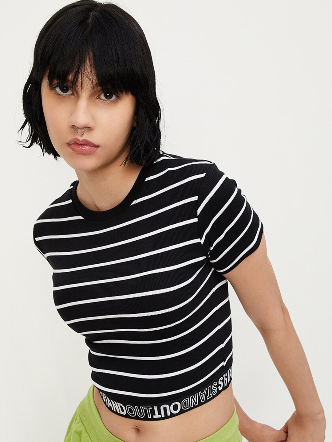 

max Striped Round Neck Pure Cotton Crop T-shirt, Black