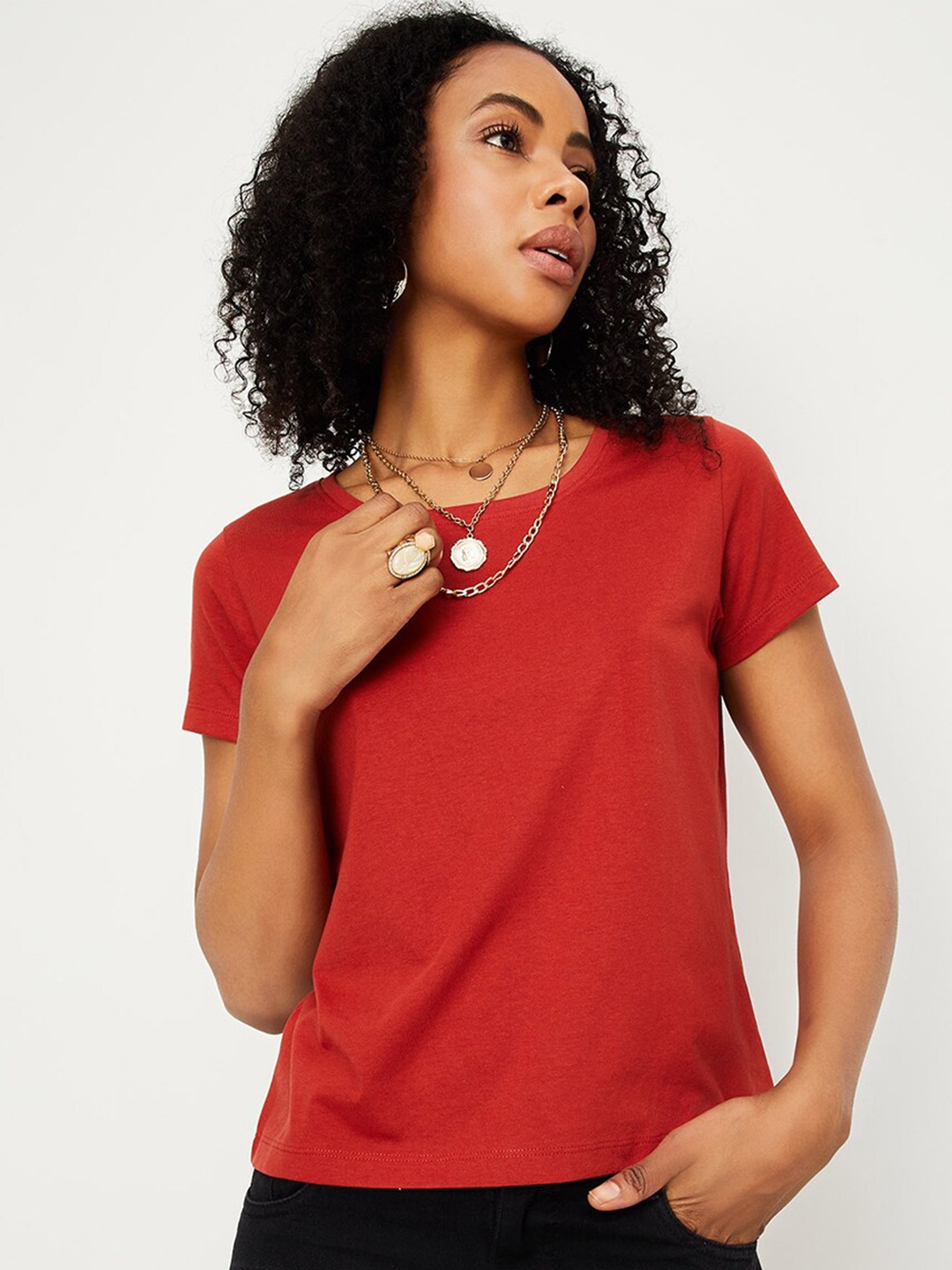 

max Round Neck Pure Cotton T-shirt, Rust