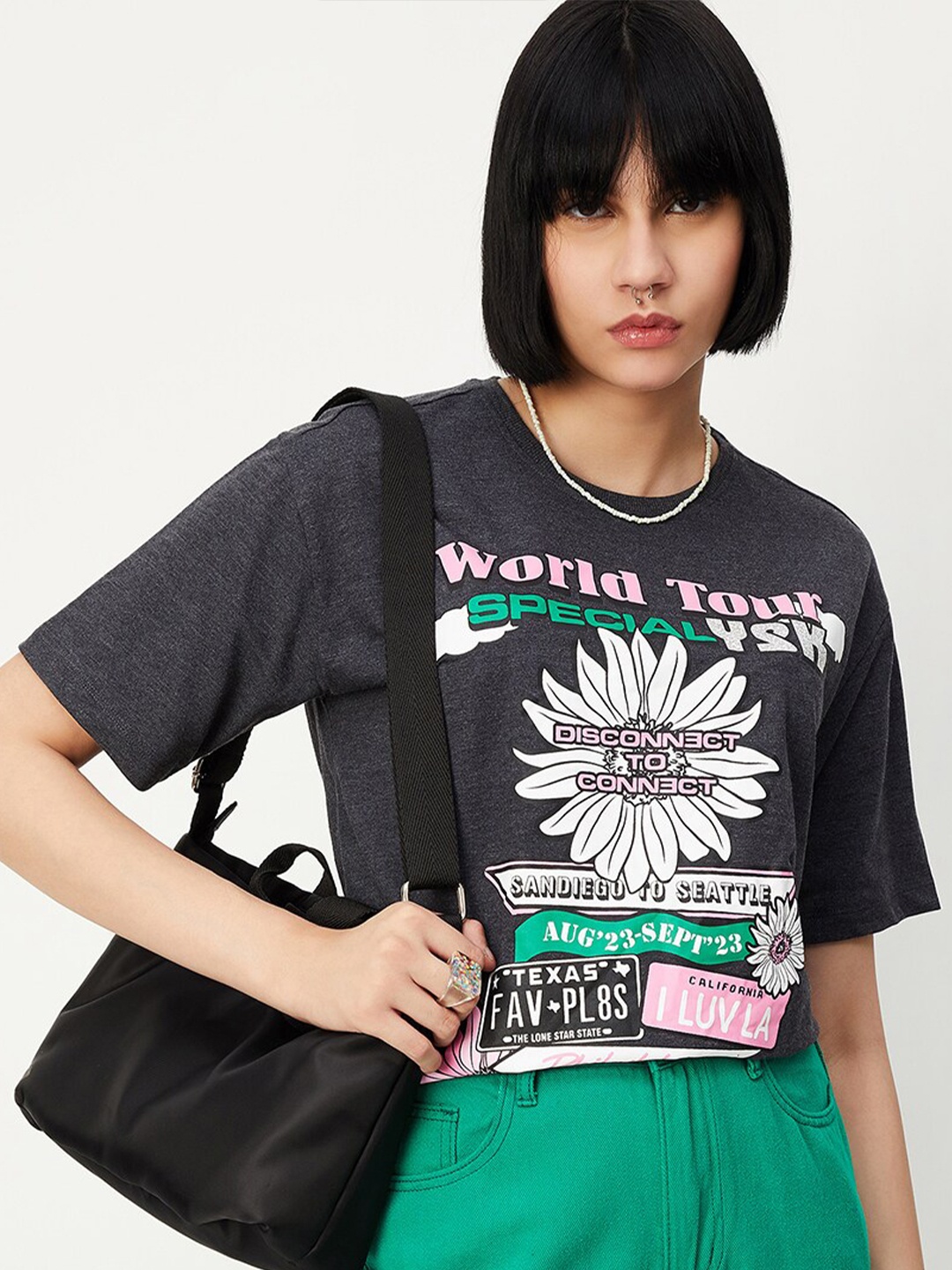 

max Graphic Printed Pure Cotton T-shirt, Grey