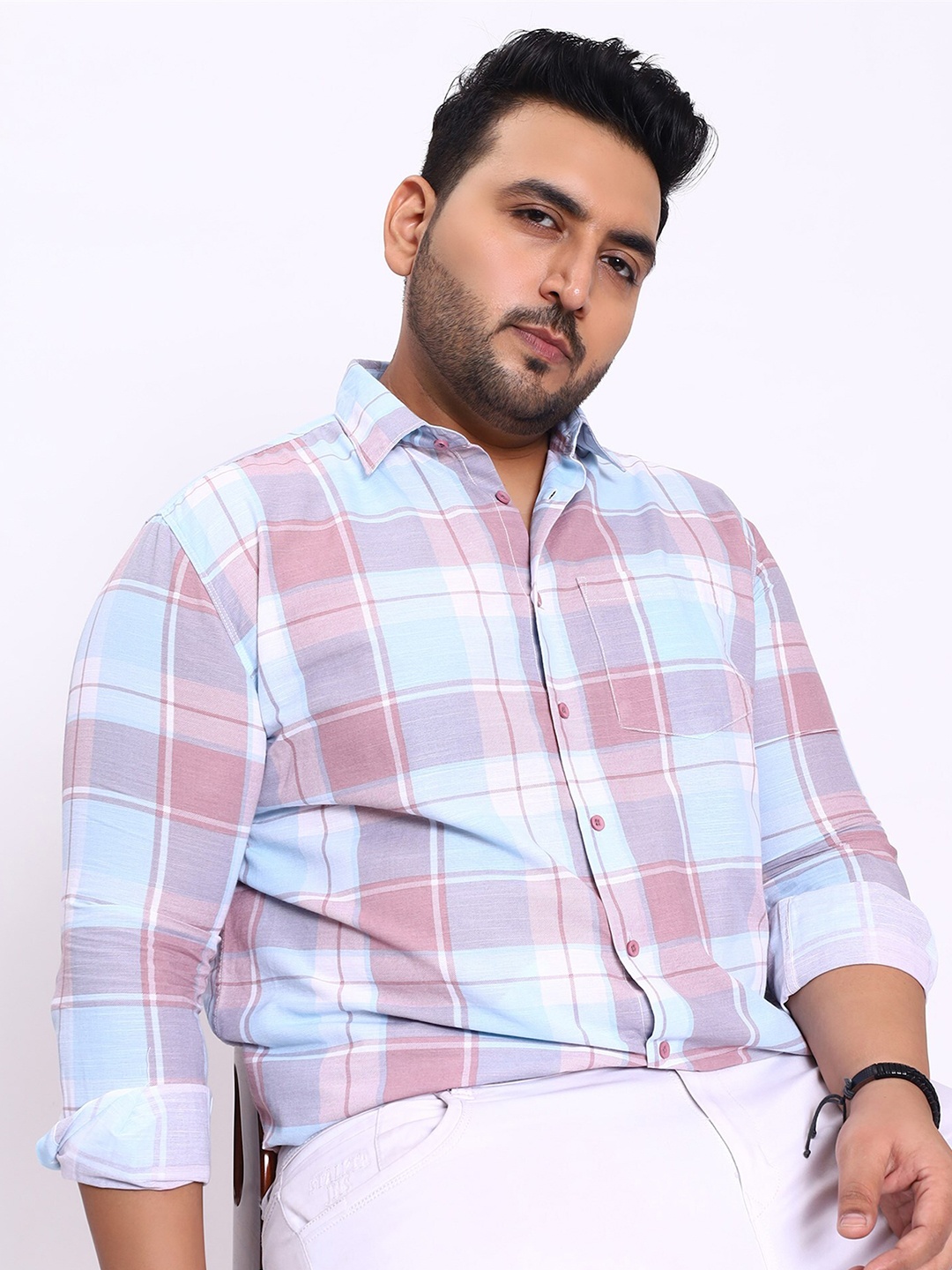 

Toodle Plus Comfort Tartan Checked Cotton Linen Casual Shirt, Blue