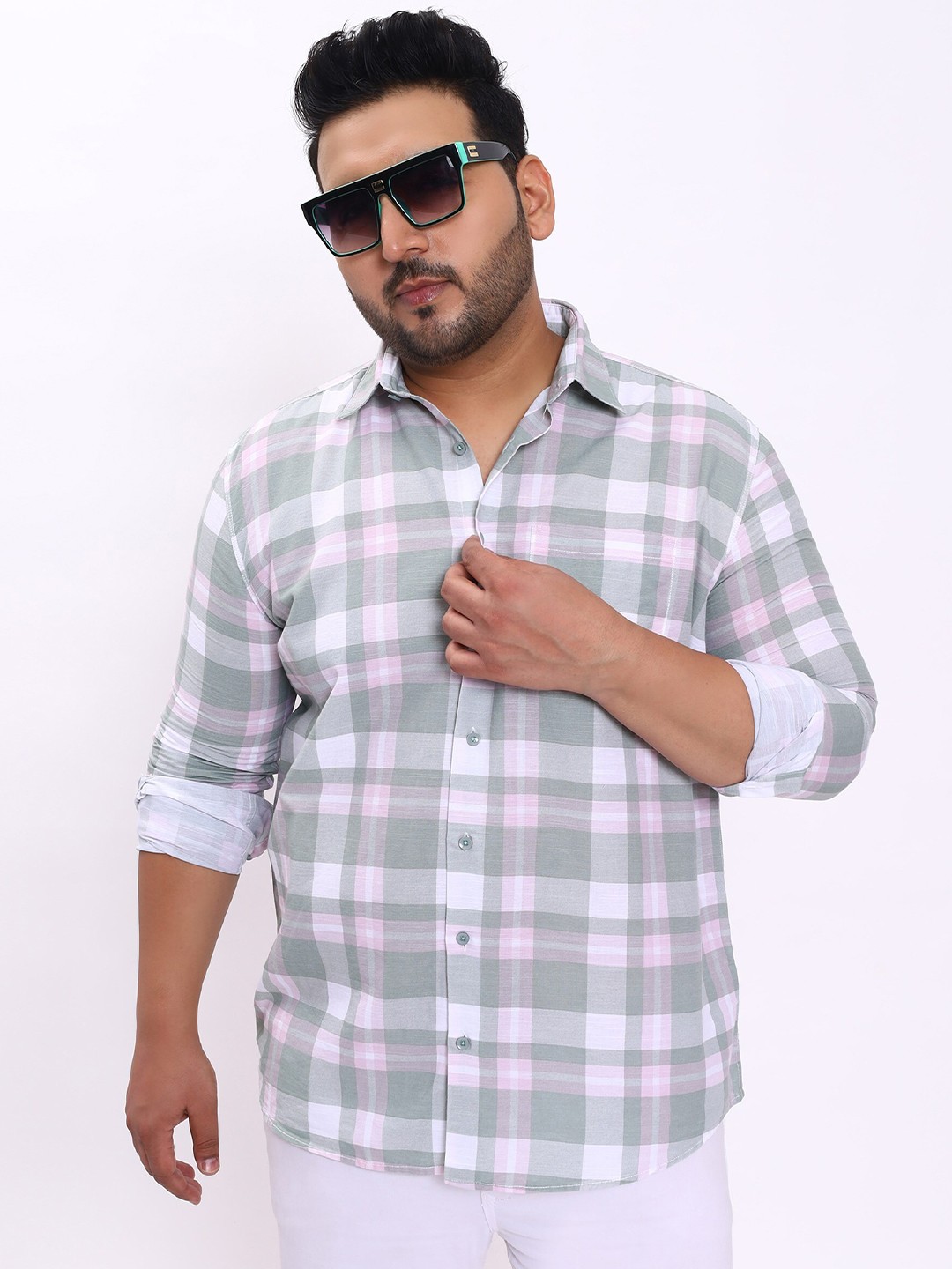 

Toodle Plus Comfort Checked Cotton Linen Casual Shirt, Green