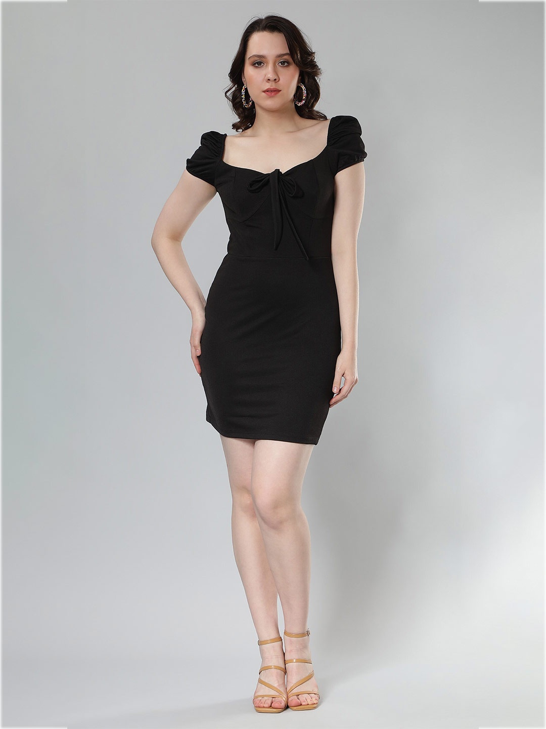 

NUEVOSDAMAS Sweetheart Neck Puff Sleeves Bodycon Mini Dress, Black