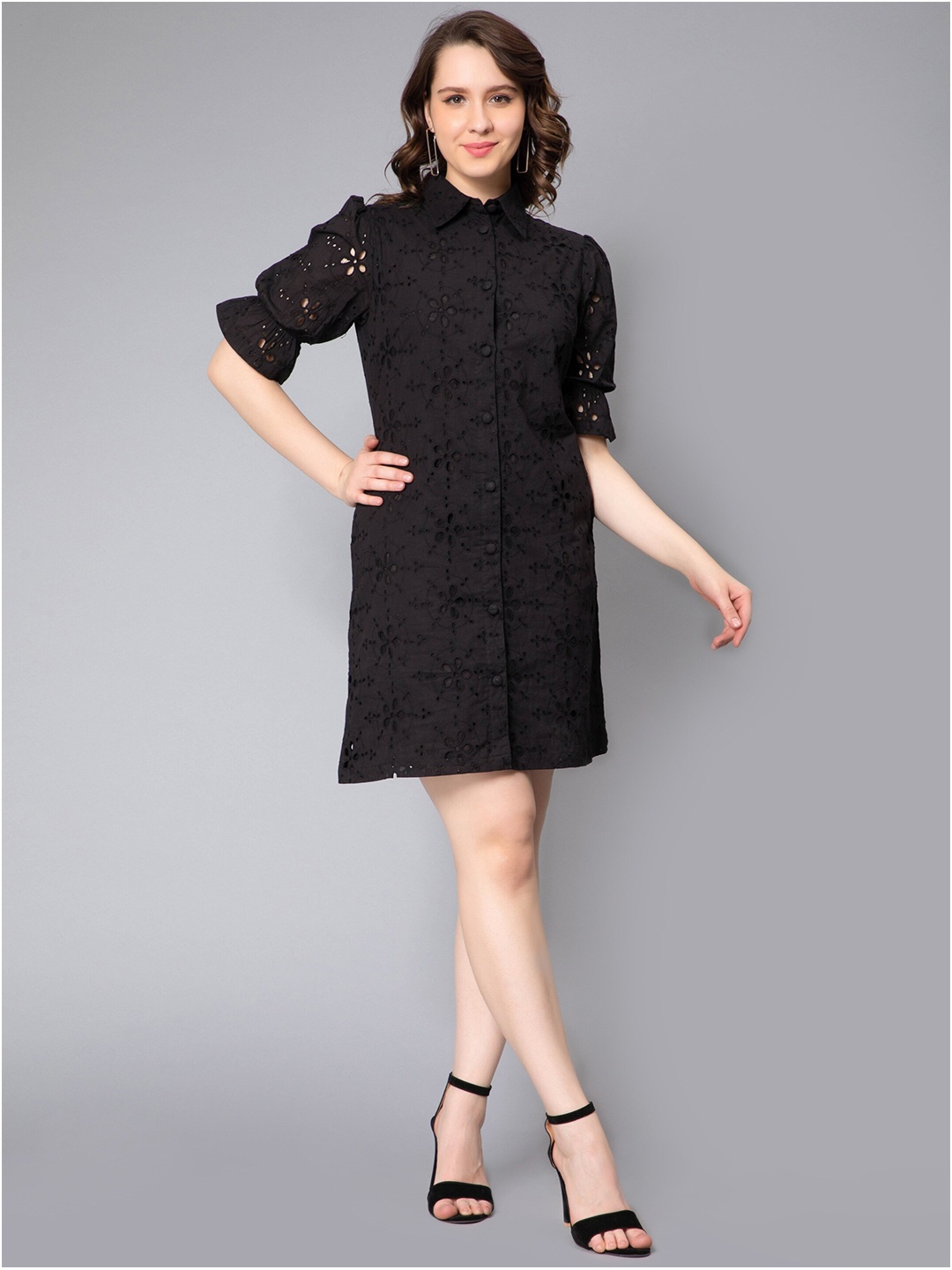 

NUEVOSDAMAS Puff Sleeves Schiffli Cotton Shirt Dress, Black