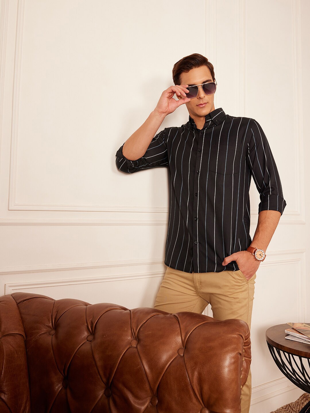 

DENNISON Smart Striped Button-Down Collar Casual Shirt, Black