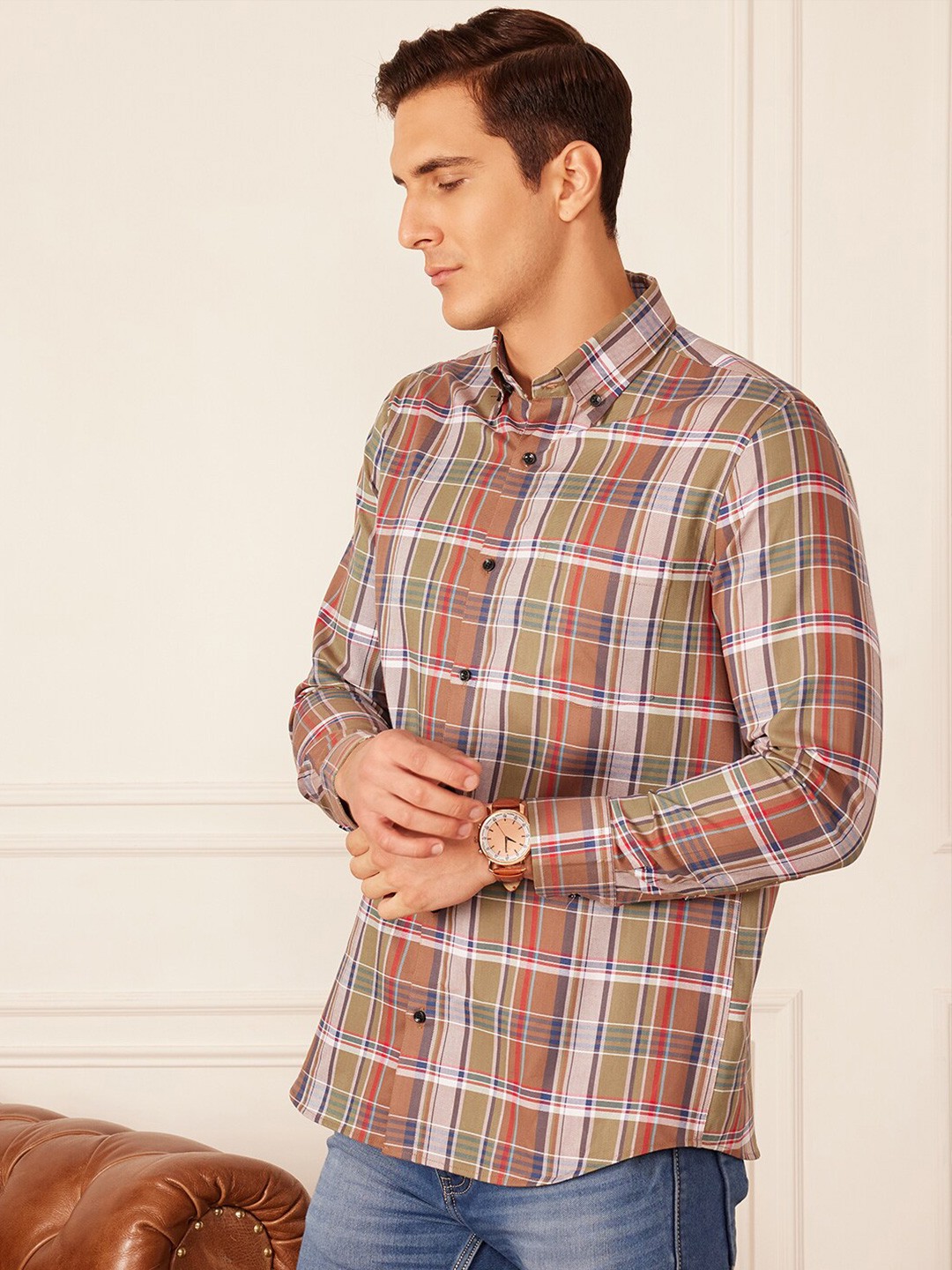 

DENNISON Smart Tartan Checks Checked Button-Down Collar Casual Shirt, Green