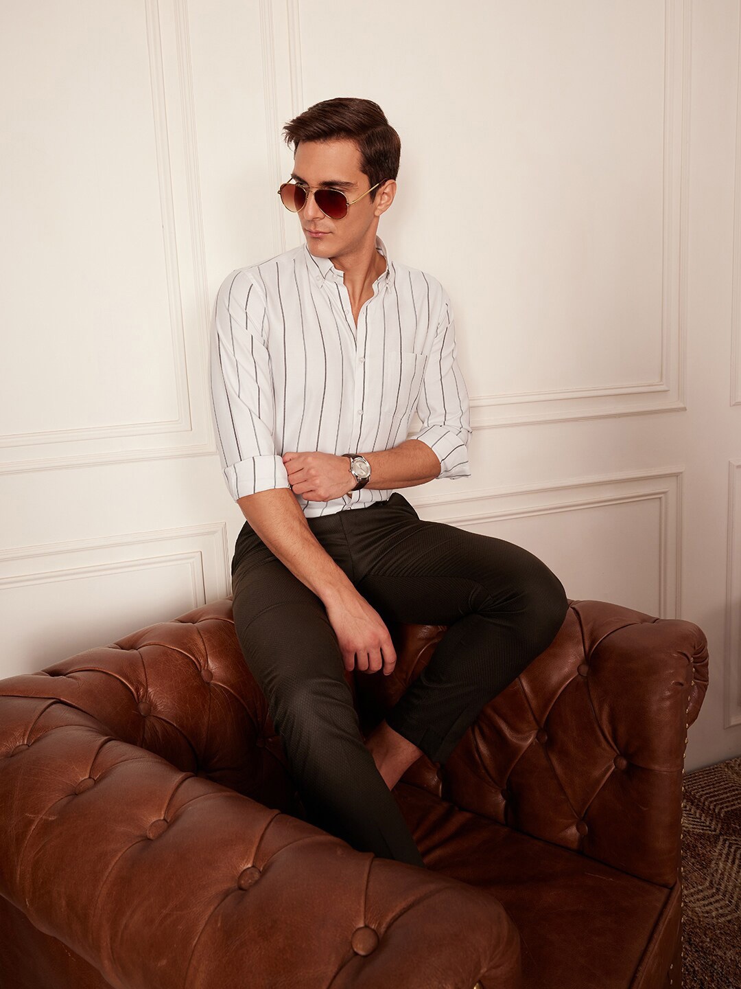 

DENNISON Smart Striped Button-Down Collar Casual Shirt, White