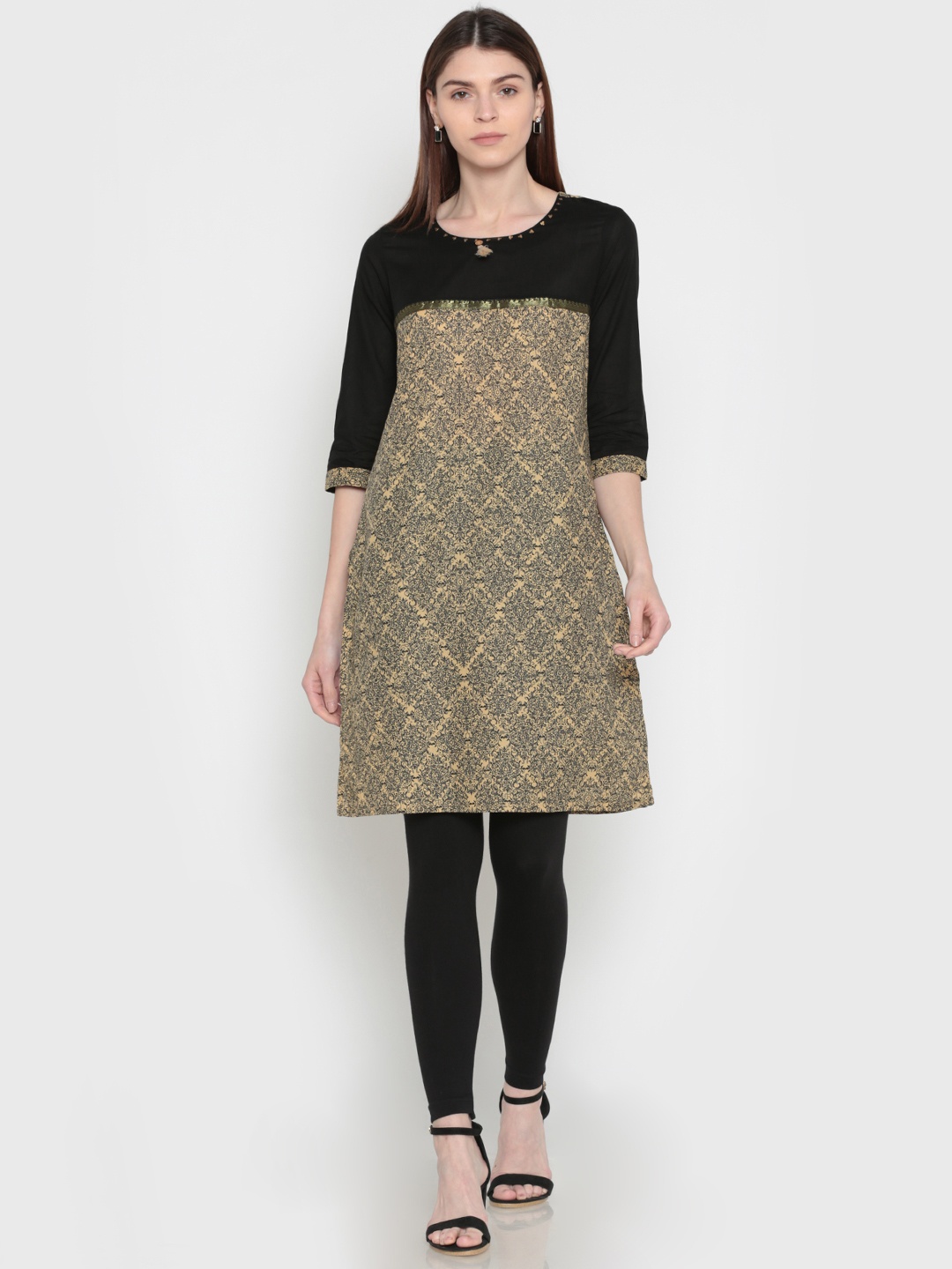 

Karigari Women Beige & Black Printed Straight Kurta