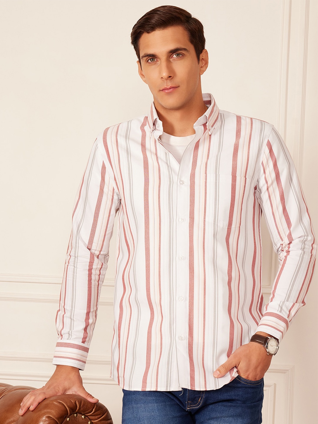 

DENNISON Smart Striped Button-Down Collar Casual Shirt, White