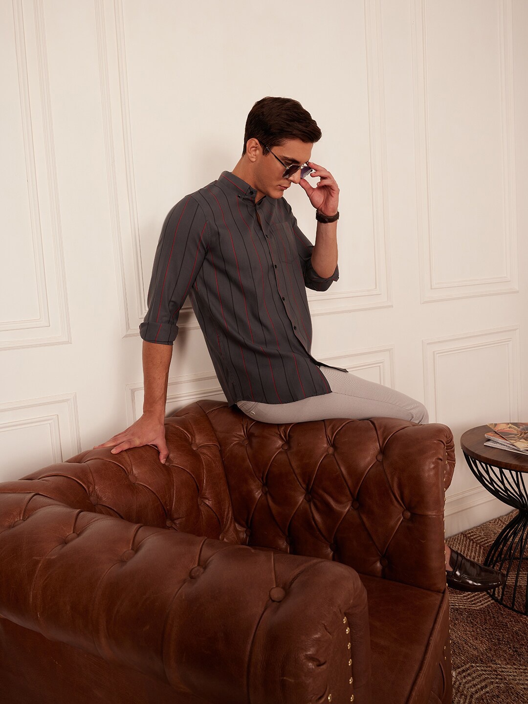 

DENNISON Smart Striped Button-Down Collar Casual Shirt, Grey