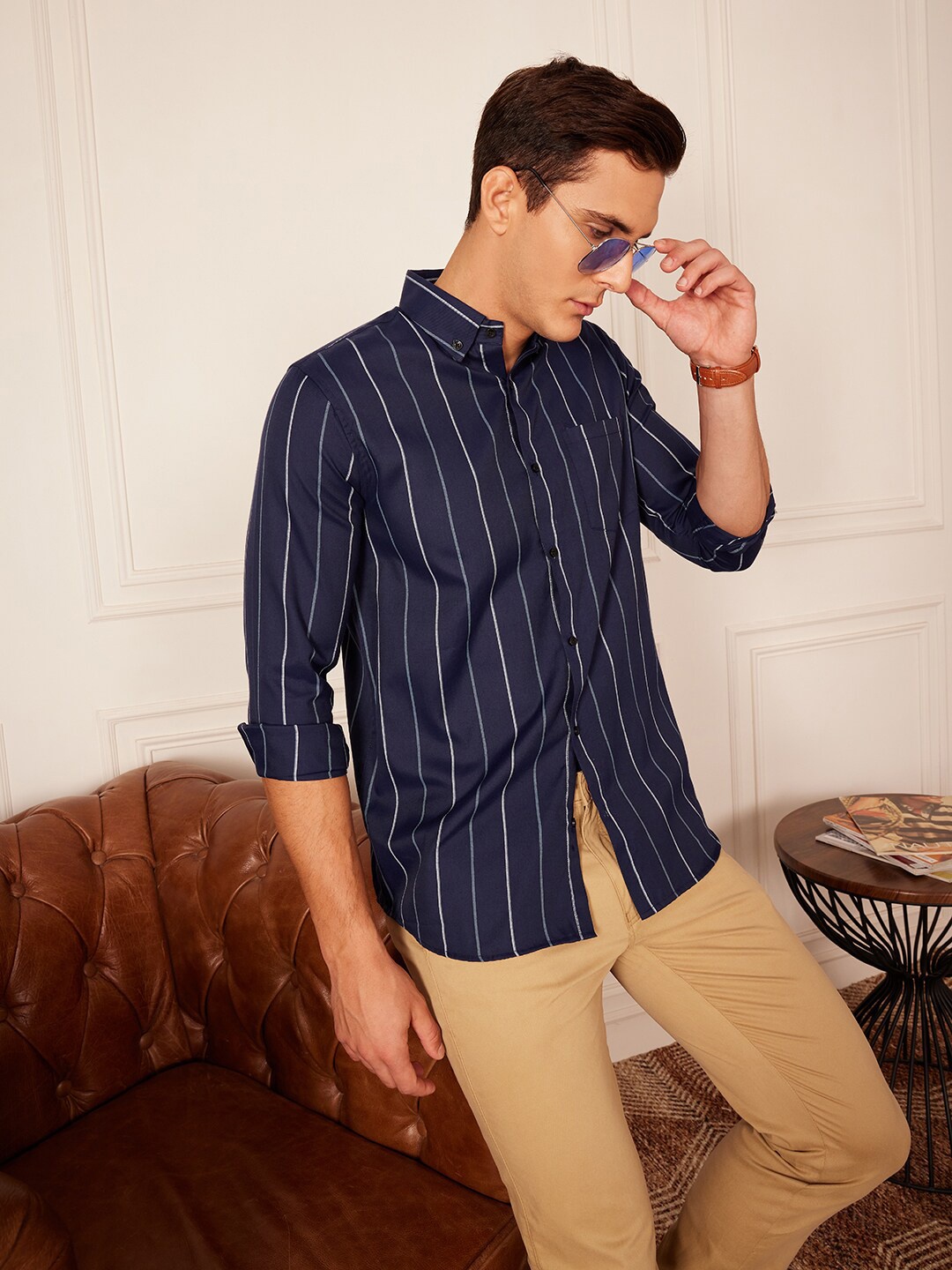 

DENNISON Smart Striped Button-Down Collar Casual Shirt, Navy blue