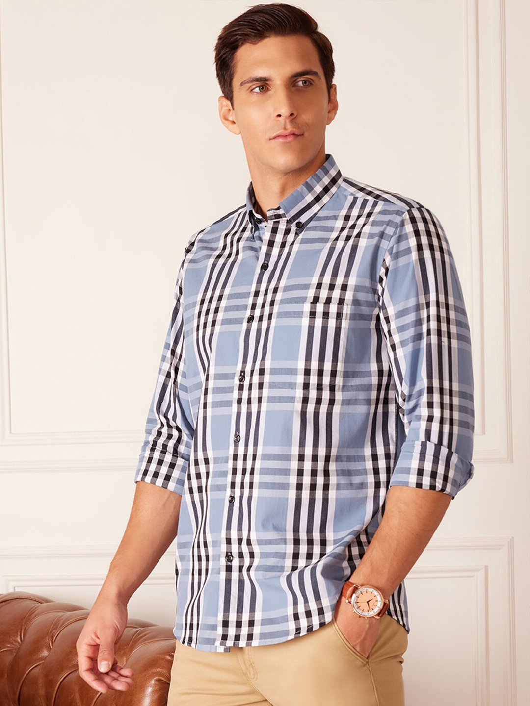 

DENNISON Smart Tartan Checks Checked Button-Down Collar Cotton Casual Shirt, Blue