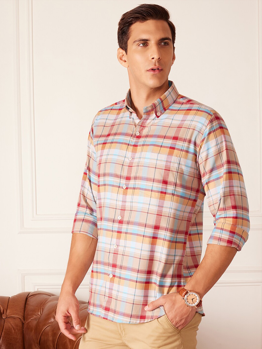 

DENNISON Smart Tartan Checked Button-Down Collar Casual Shirt, Beige
