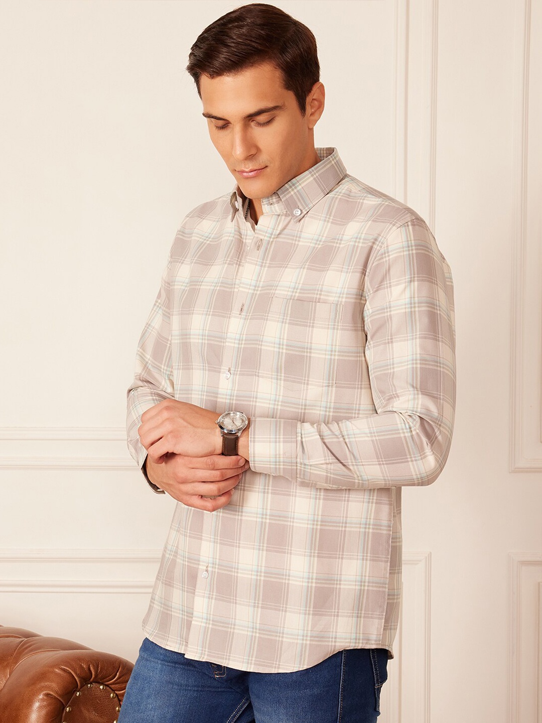 

DENNISON Smart Tartan Checked Button-Down Collar Casual Shirt, Beige