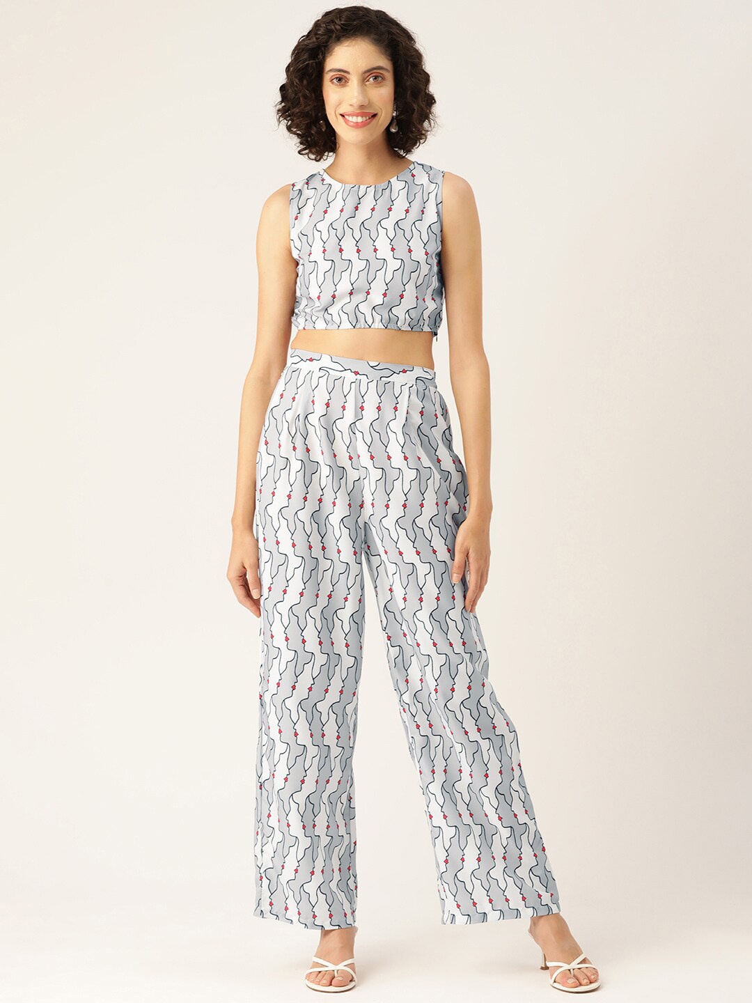 

Sleek Italia Printed Sleeveless Crop Top With Trousers, White