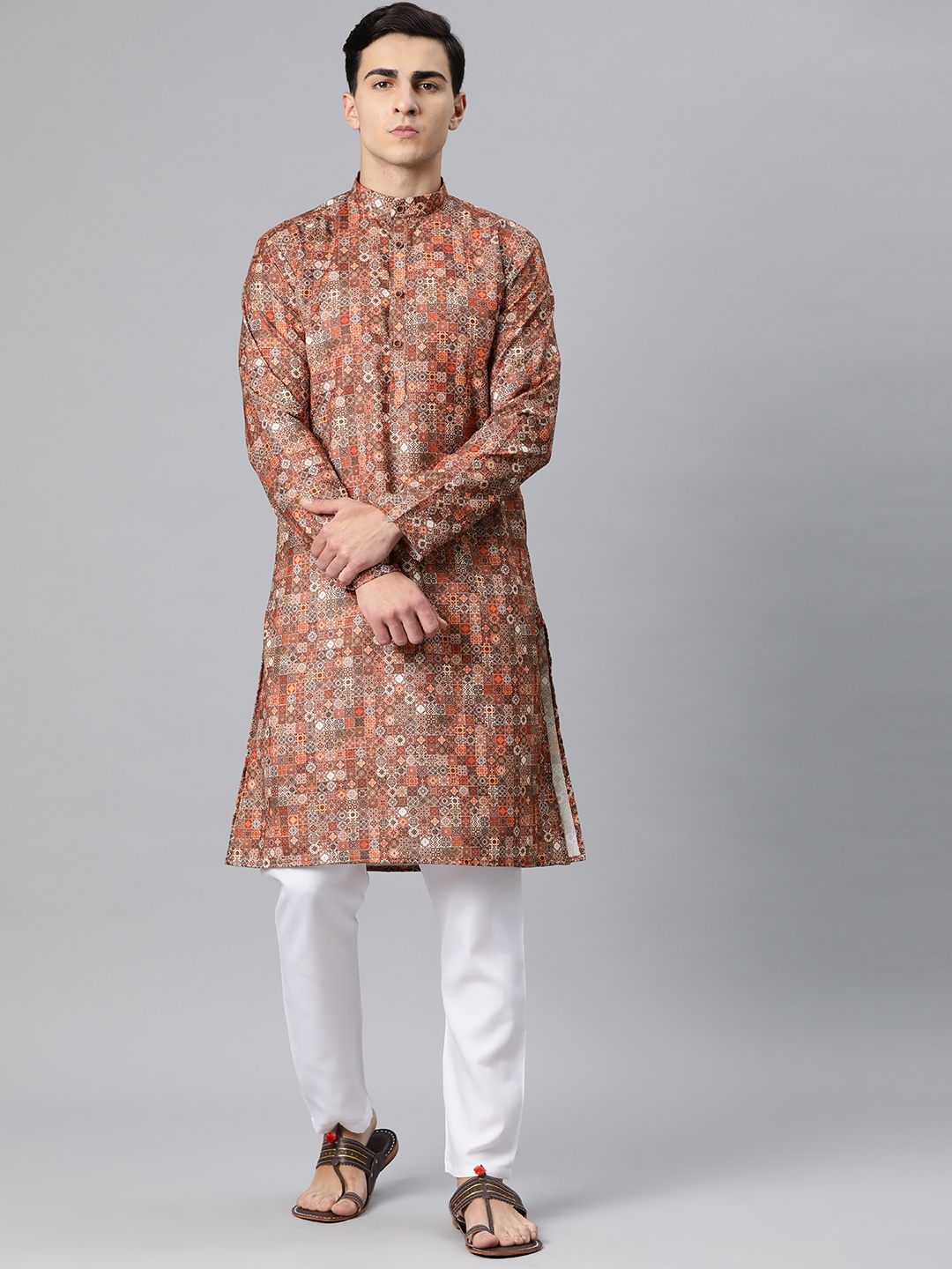 

Luxrio Men Ethnic Motifs Printed Mandarin Collar Kurta, Beige