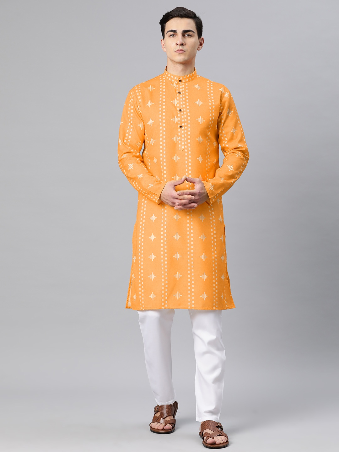 

Luxrio Men Geometric Printed Mandarin Collar Kurta, Orange