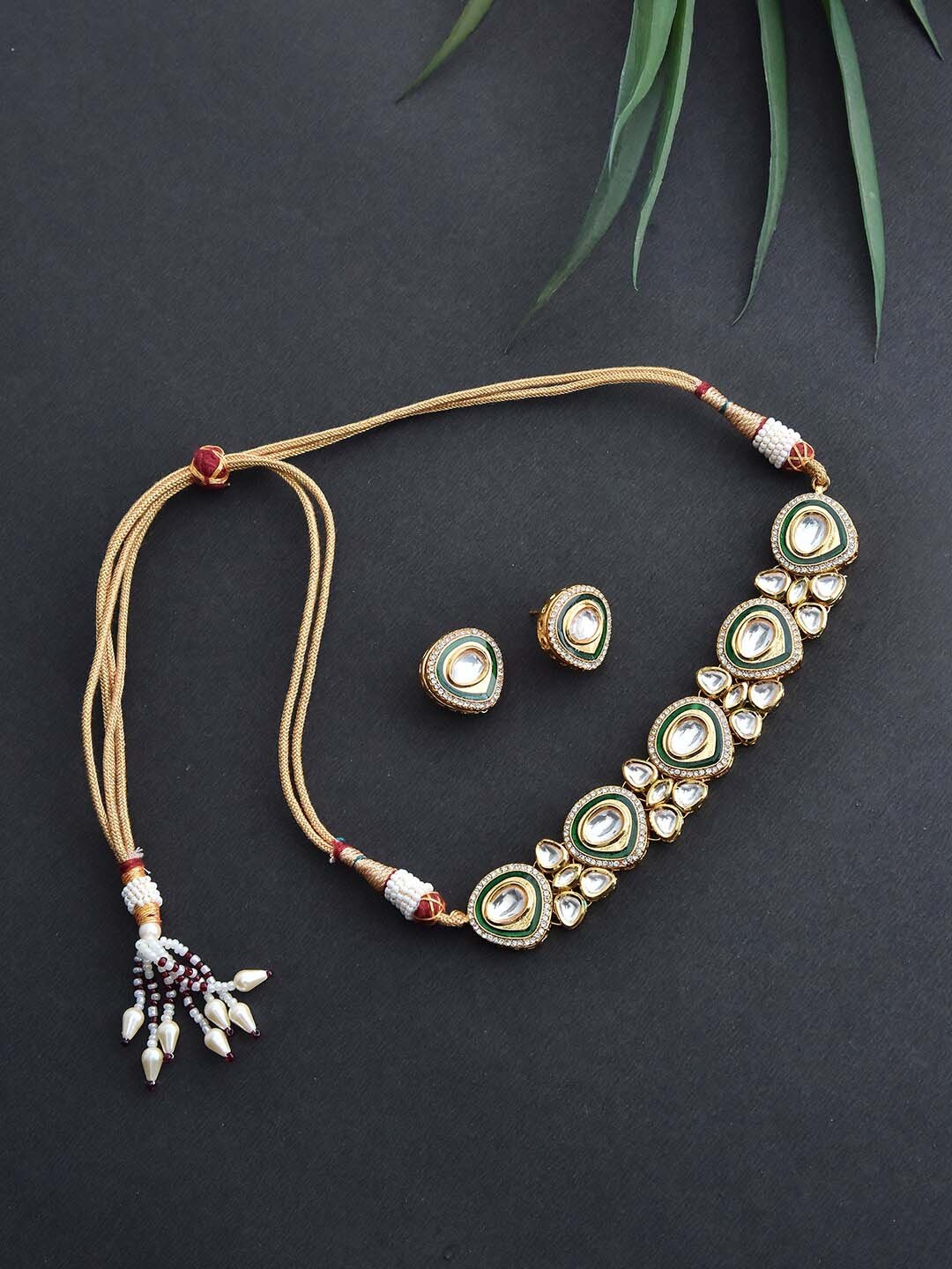 

Swabhimann Jewellery Gold-Plated Kundan Studded Polki Choker Necklace with Earrings