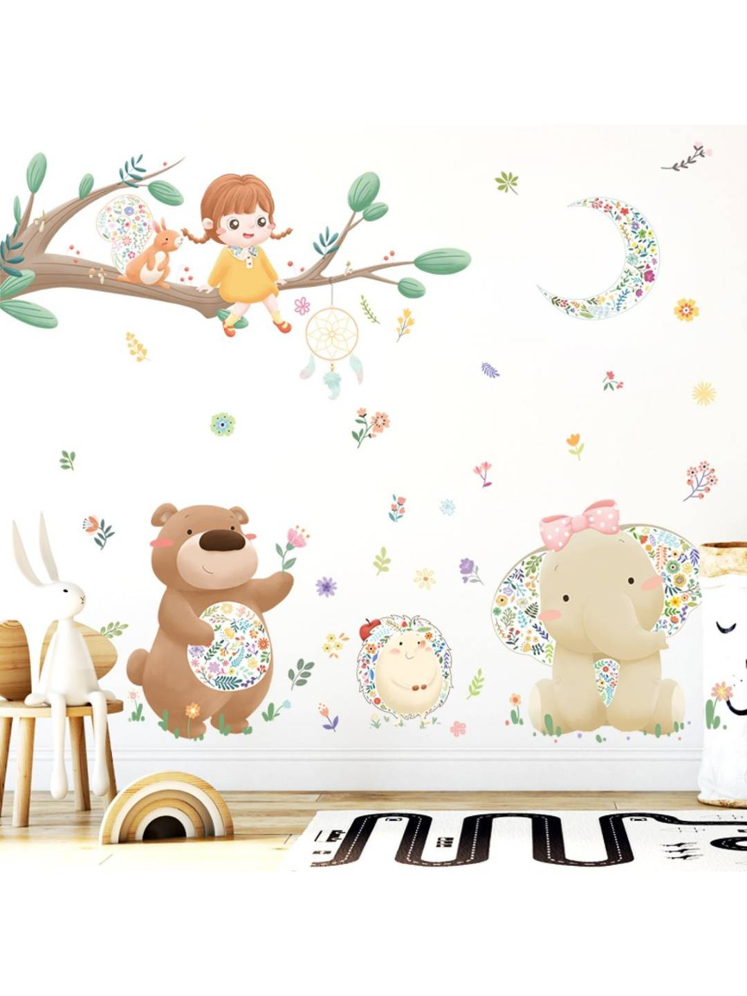 

Jaamso Royals White & Pink Cartoon Bear & Baby Elephant Printed Wall Stickers