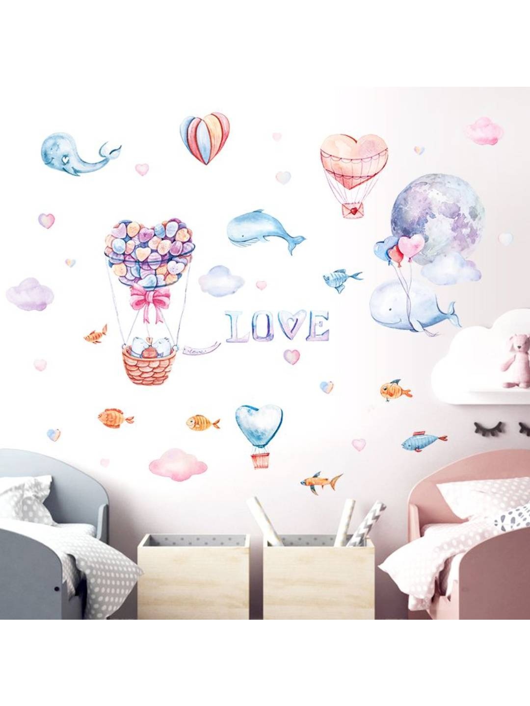 

Jaamso Royals White & Blue Printed Fish & Hot Air Balloon Wall Sticker