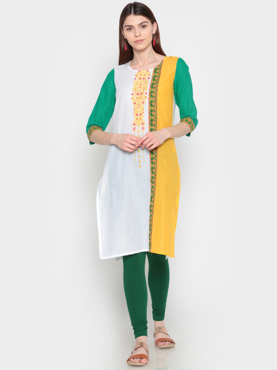 

Karigari Women White & Yellow Printed Straight Kurta