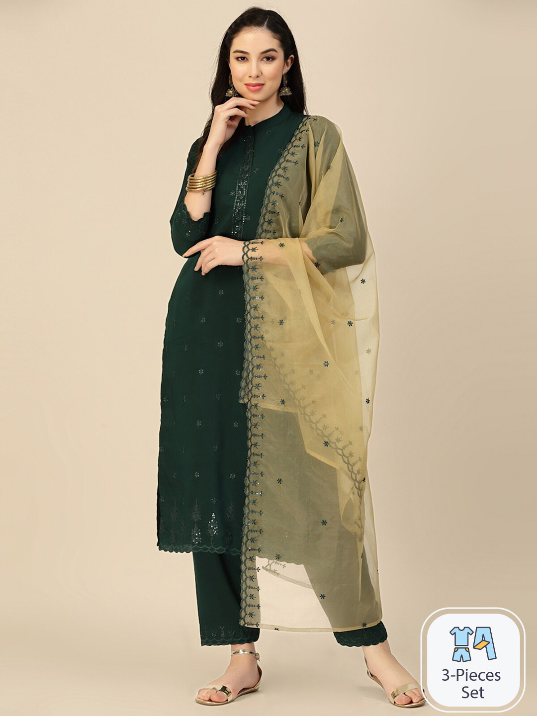 

ODETTE Ethnic Motifs Embroidered Sequinned Kurta With Trousers & Dupatta, Green