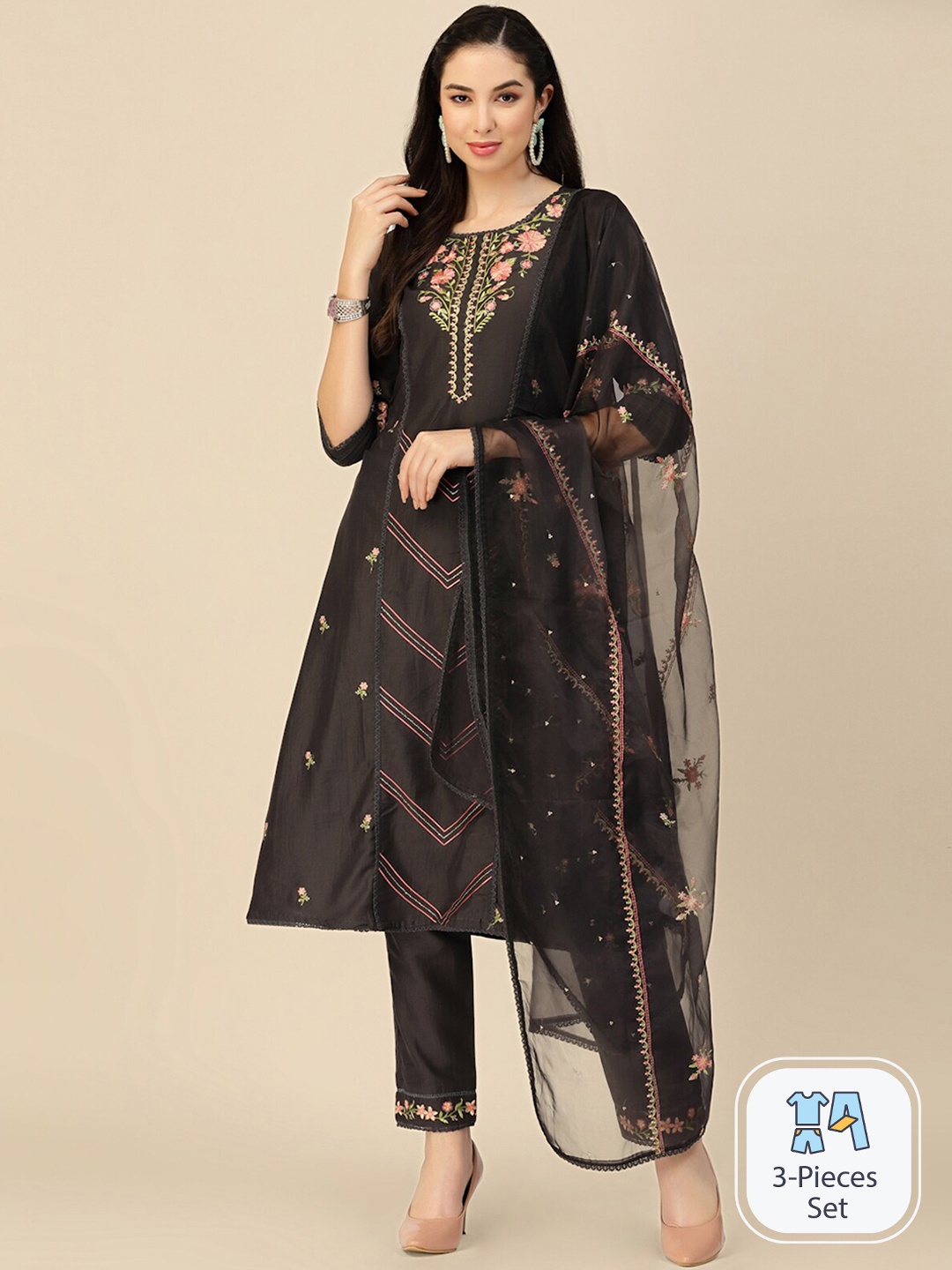 

ODETTE Floral Embroidered A--Line Kurta With Trousers & Dupatta, Black